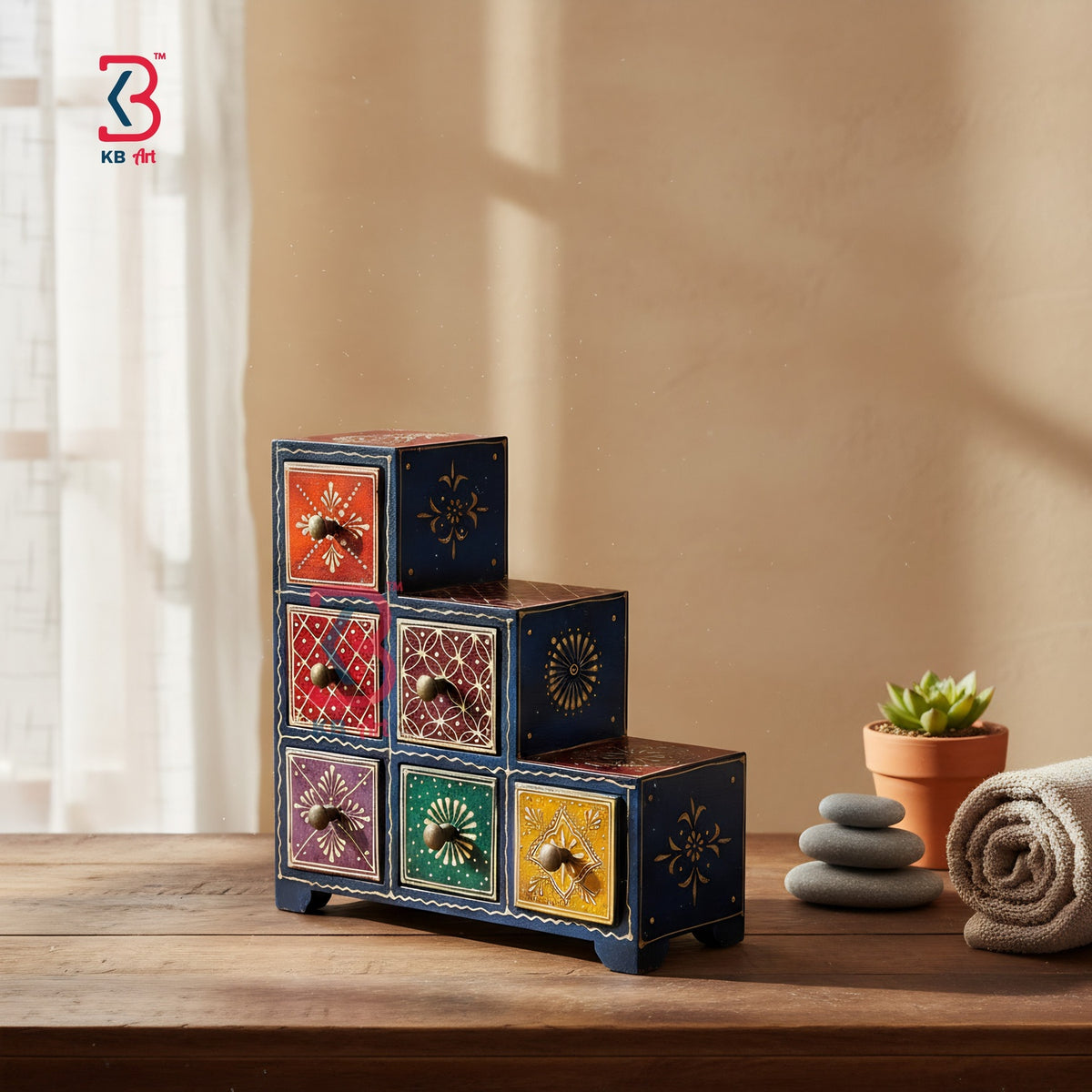 KB ART 6 Drawer Step Chest - Front View of Handcrafted Detailing - Handcrafted Wooden Decor Jodhpur