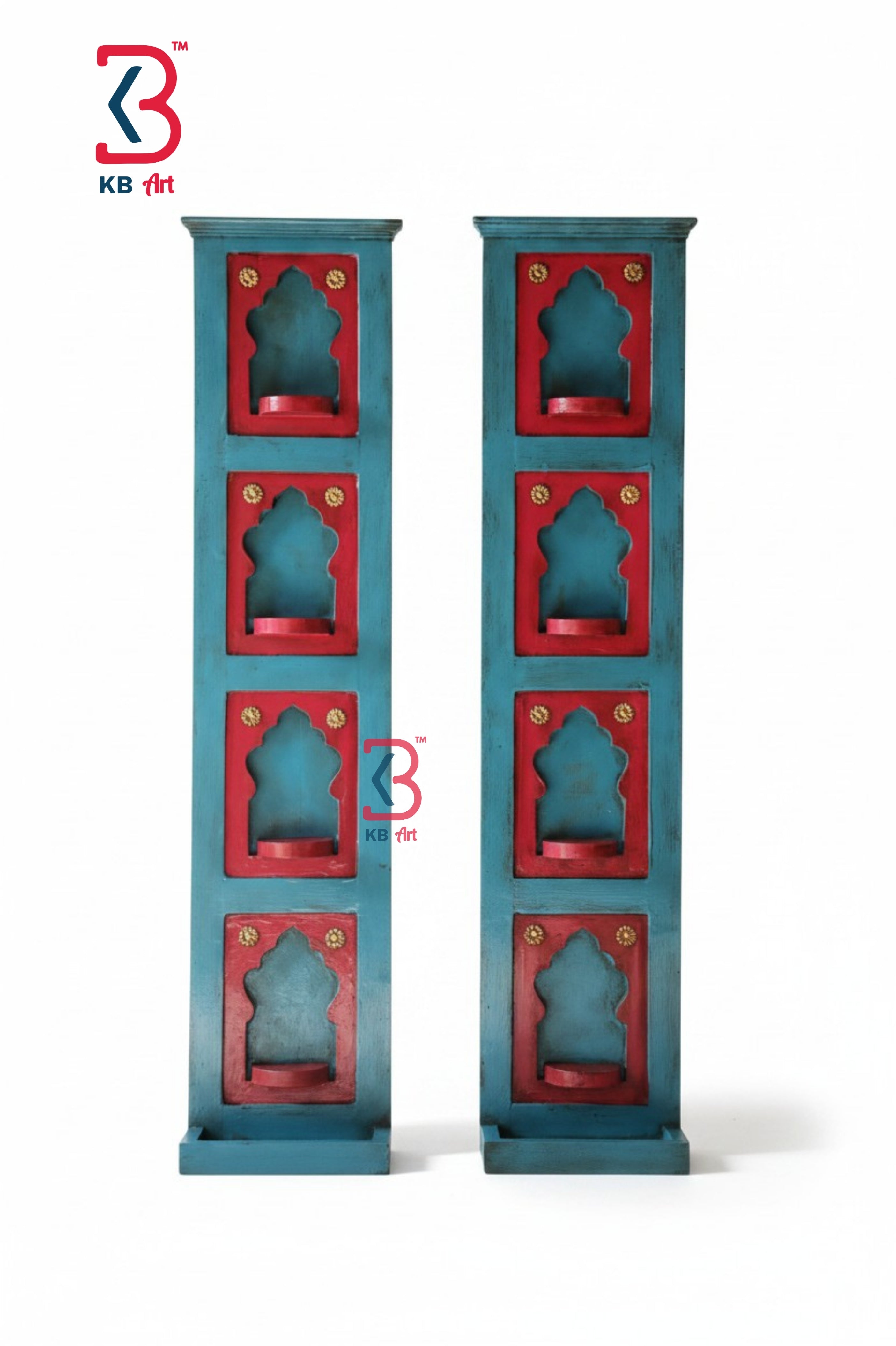 KB ART Dashavatara Blue Wall Niche Shelf - Front View of Handcrafted Detailing - Handcrafted Wooden Decor Jodhpur