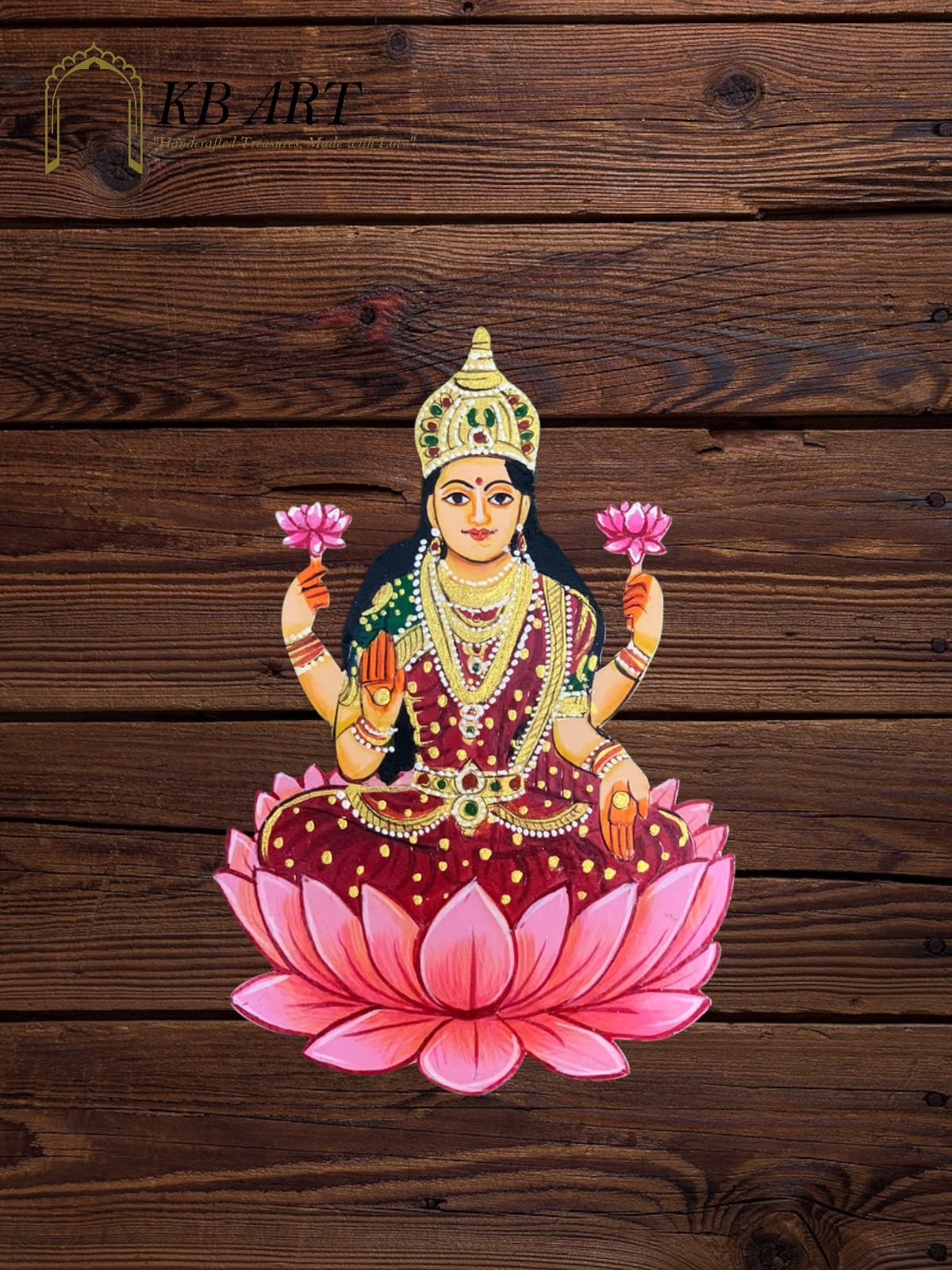 KB ART Mdf Cutouts Laxmi Ji Pichwai - Side Angle Showing Finish and Craftsmanship - Handcrafted Wooden Decor Jodhpur