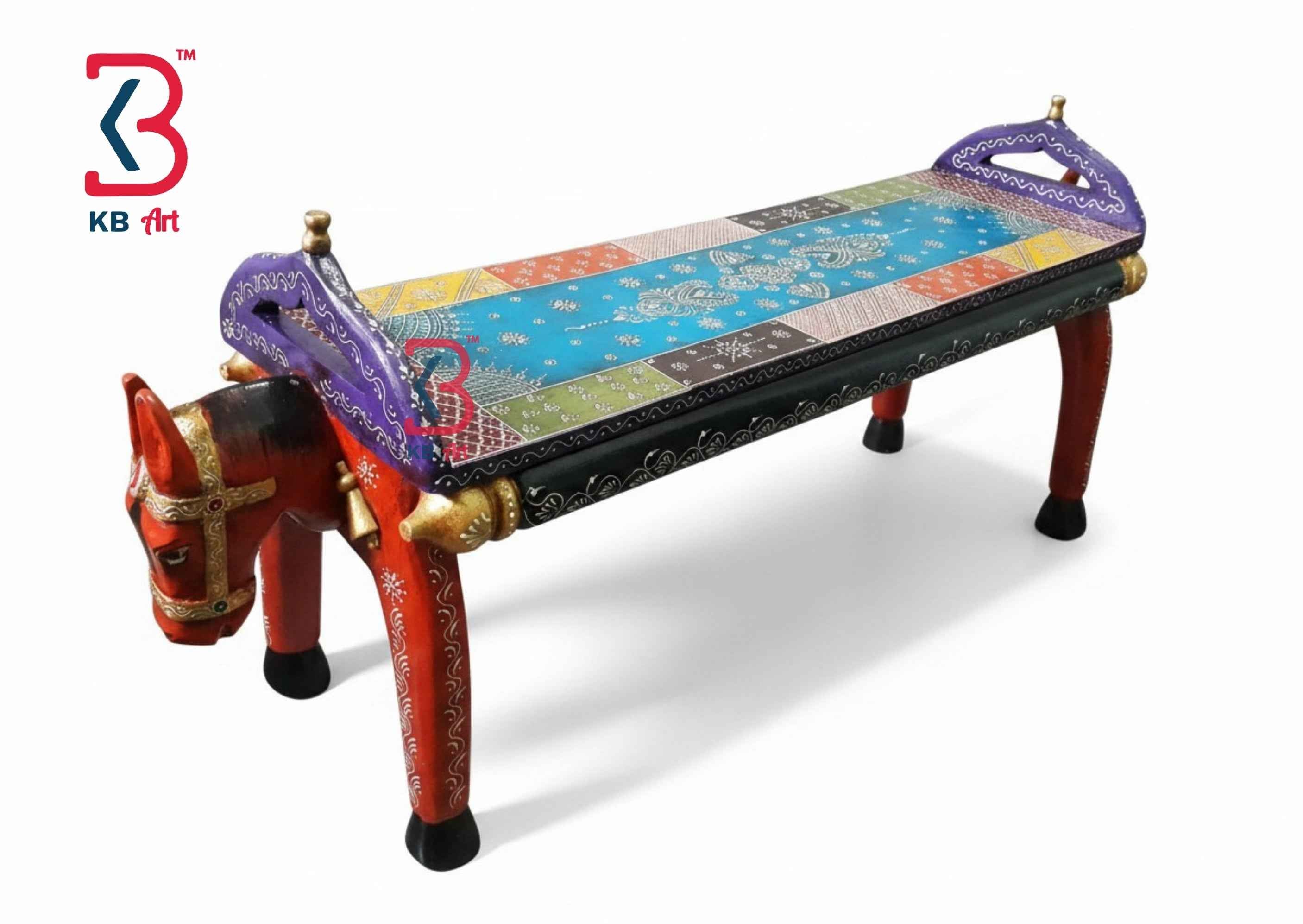 Handcrafted Wooden Horse Bench | Traditional Rajasthani Hand-Painted Decorative Stool