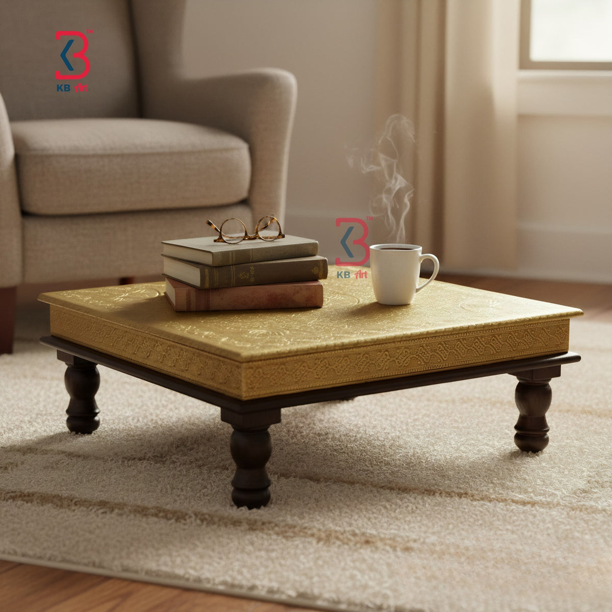 KB ART Royal Brass Embossed Square Wooden Chowki – Traditional Handcrafted Pooja Bajot and Low Seating Stool for Home Mandir