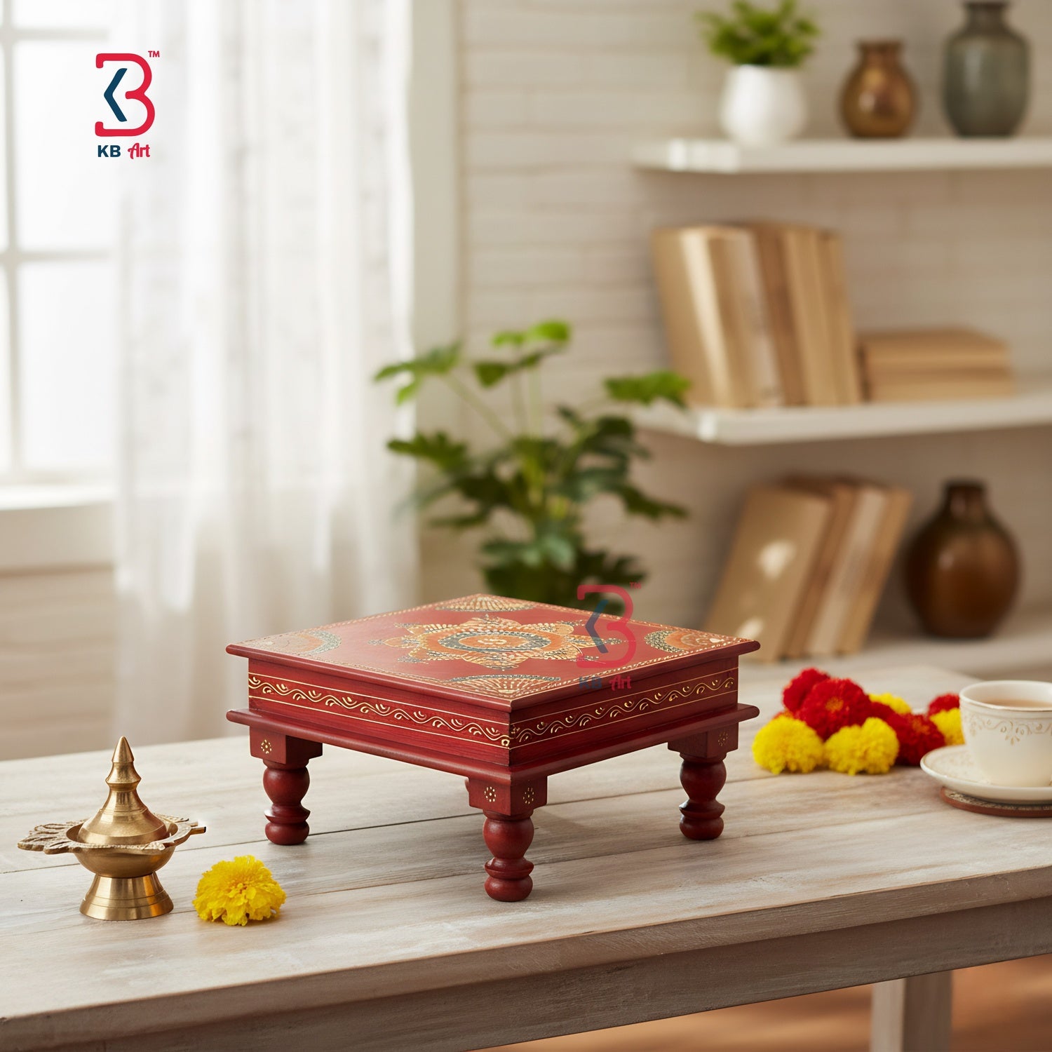 Decorative red wooden table with intricate designs on a wooden surface, with a blurred background of books and plants.