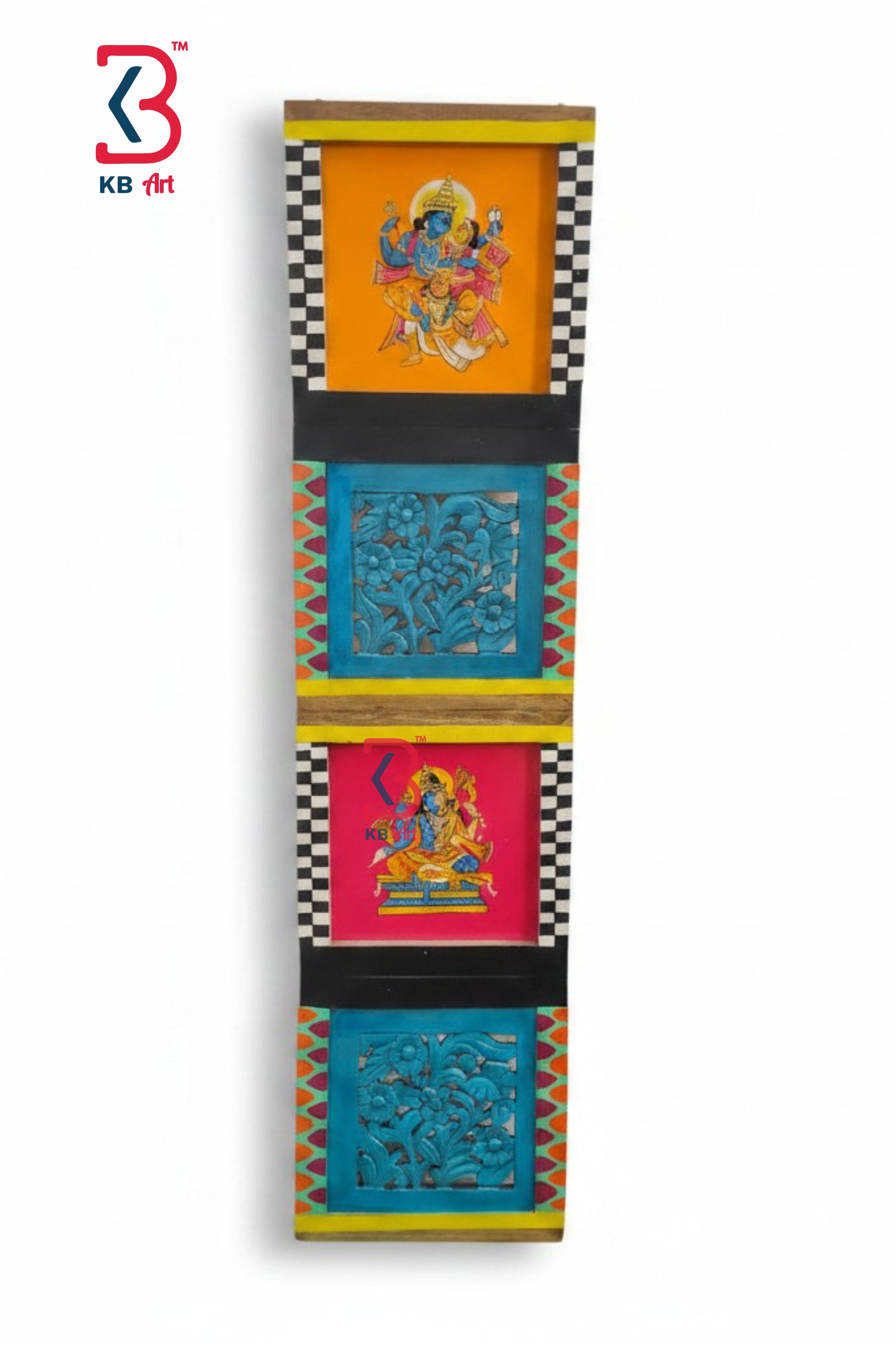 KB ART Krishna Mural Small Wall Decor Gate - Front View of Handcrafted Detailing - Handcrafted Wooden Decor Jodhpur