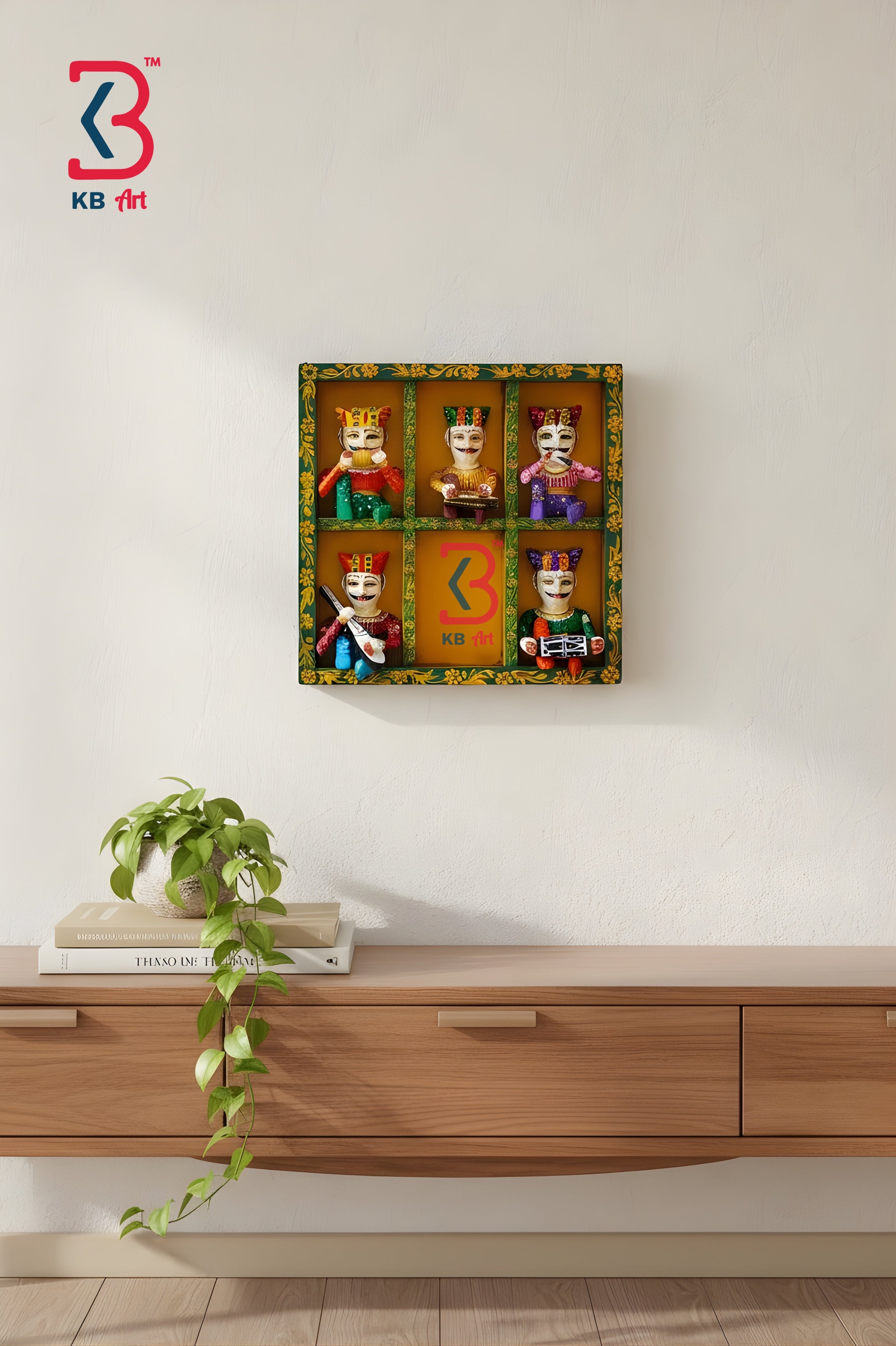 KB ART Rajasthani Musicians Wall Decor - Front View of Handcrafted Detailing - Handcrafted Wooden Decor Jodhpur