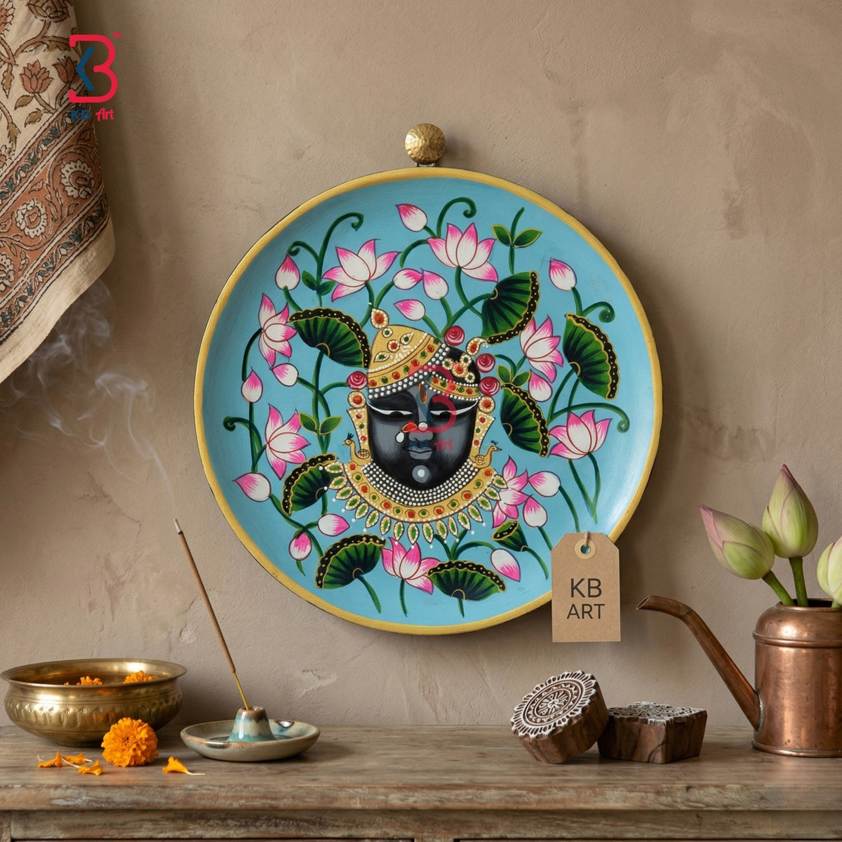 KB ART Wooden Pichwai Wall Plates Shrinath Ji - Back View Highlighting Build Quality - Handcrafted Wooden Decor Jodhpur