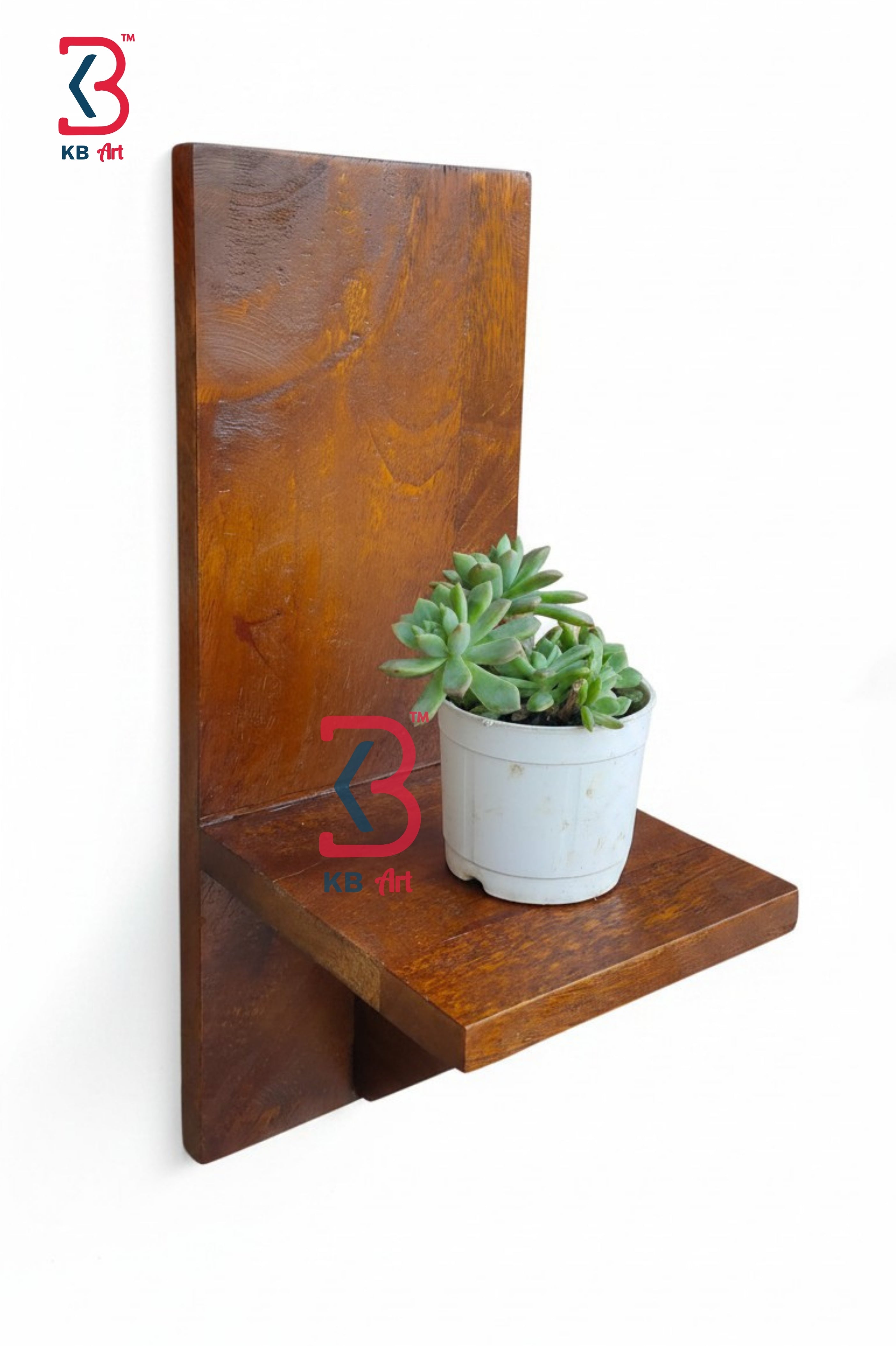 KB ART Wooden Rectangle Brown Polished Planter Shelf - Front View of Handcrafted Detailing - Handcrafted Wooden Decor Jodhpur