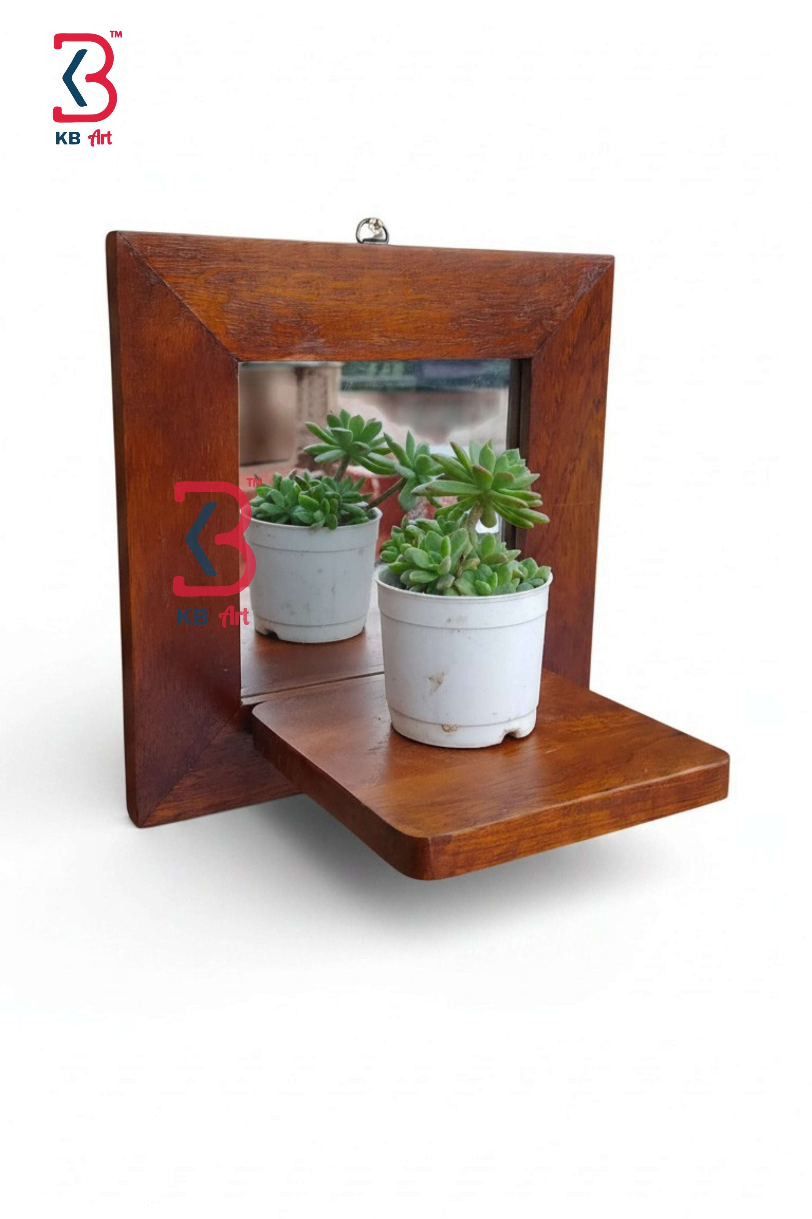 KB ART Wooden Rectangle Brown Mirror Planter - Front View of Handcrafted Detailing - Handcrafted Wooden Decor Jodhpur