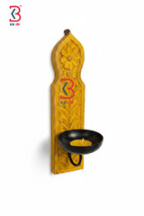 KB ART Yellow Carved Tlight Wall Holder - Front View of Handcrafted Detailing - Handcrafted Wooden Decor Jodhpur