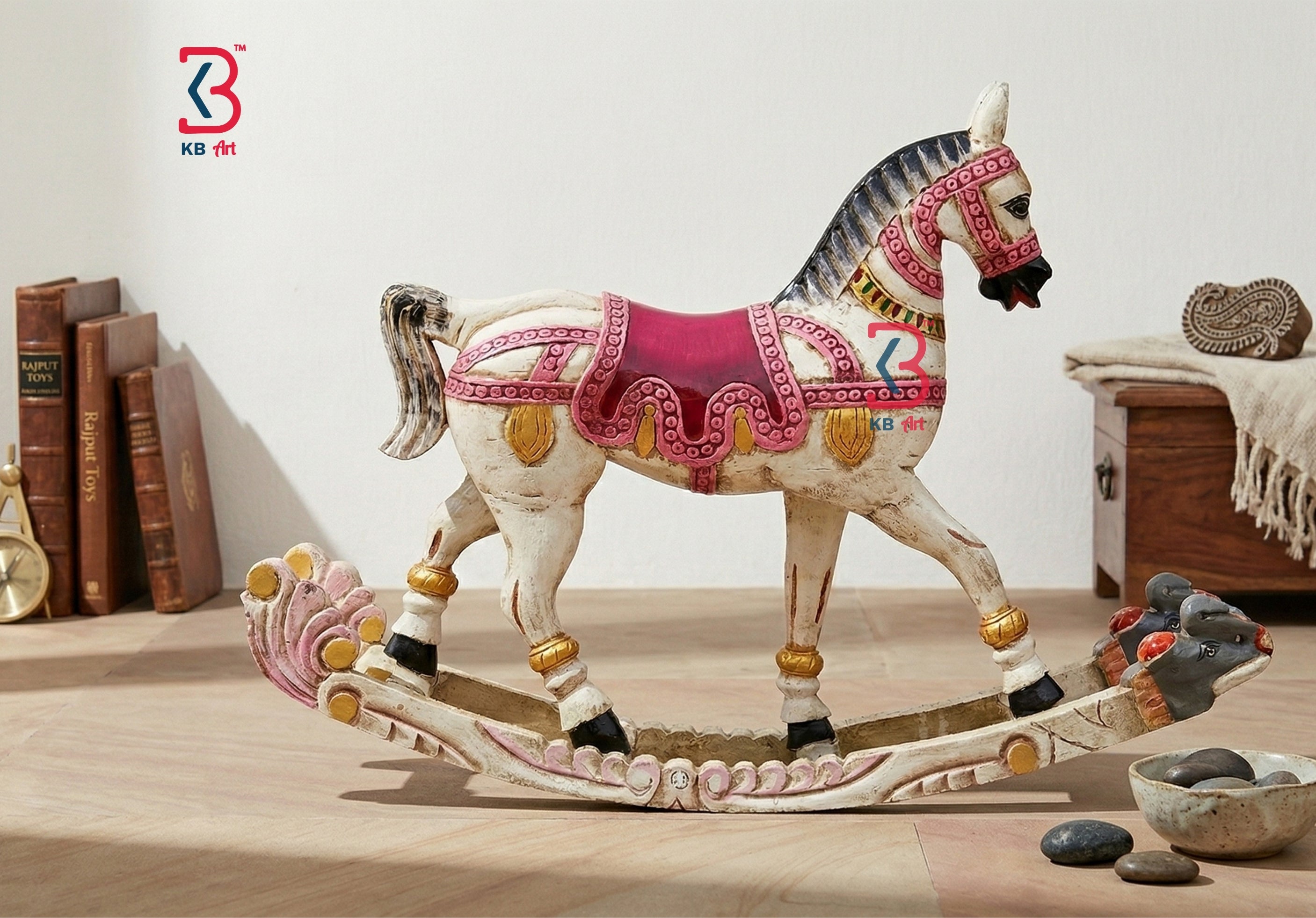 KB ART Wooden Antique Carved Rocking Horse - Styled Display in Home Interior Setting - Handcrafted Wooden Decor Jodhpur