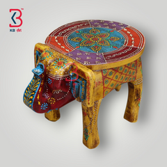 KB ART Handpainted Wooden Elephant Stool –  8 Inch Yellow Base with Multicolour Amboz Jodhpuri Art | Antique Look Handcarved Home & Table Décor