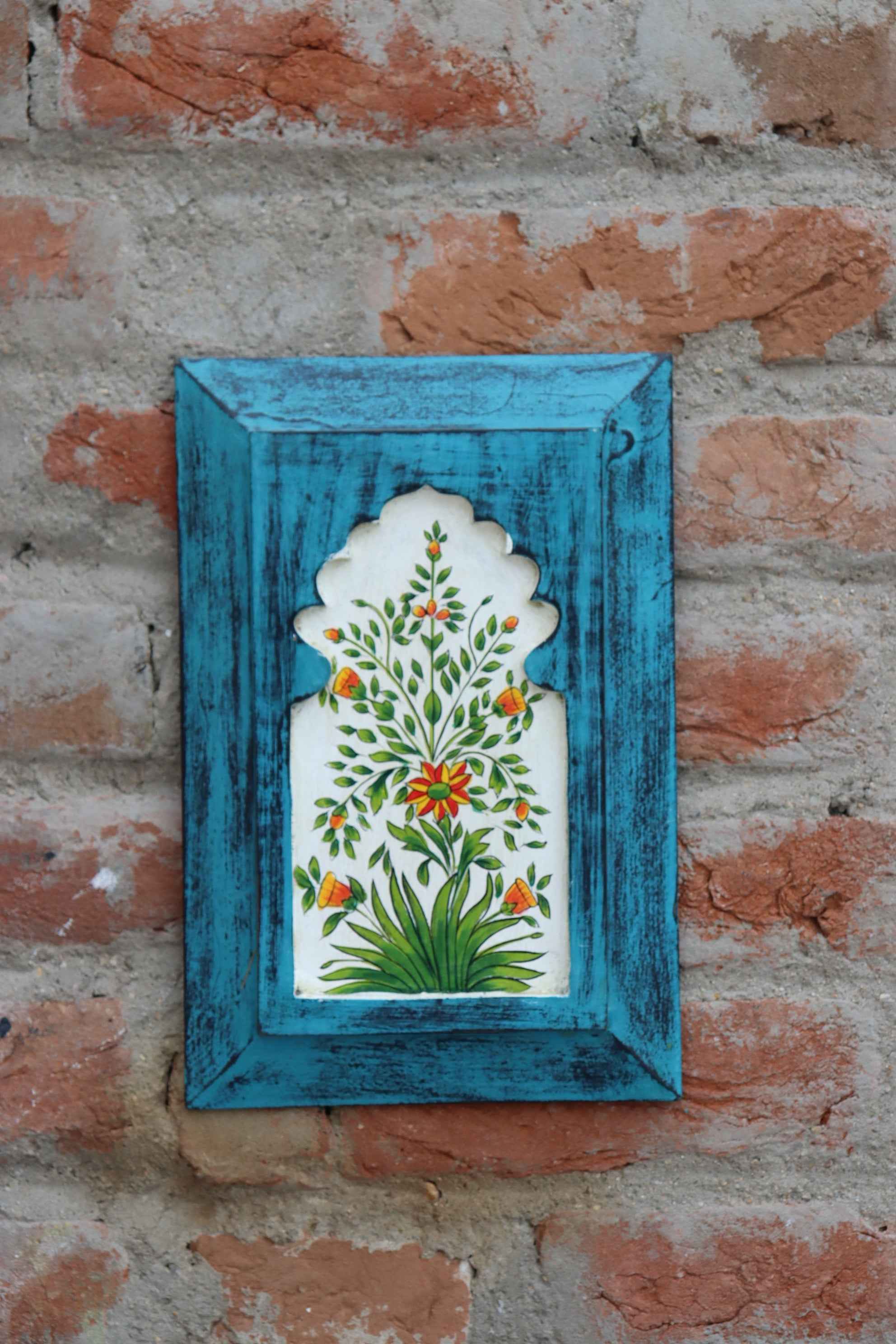 KB ART Handpainted Wooden Jharokha Wall Panel –  Turquoise Floral Mughal Arch Decor | Antique Look Wall Hanging