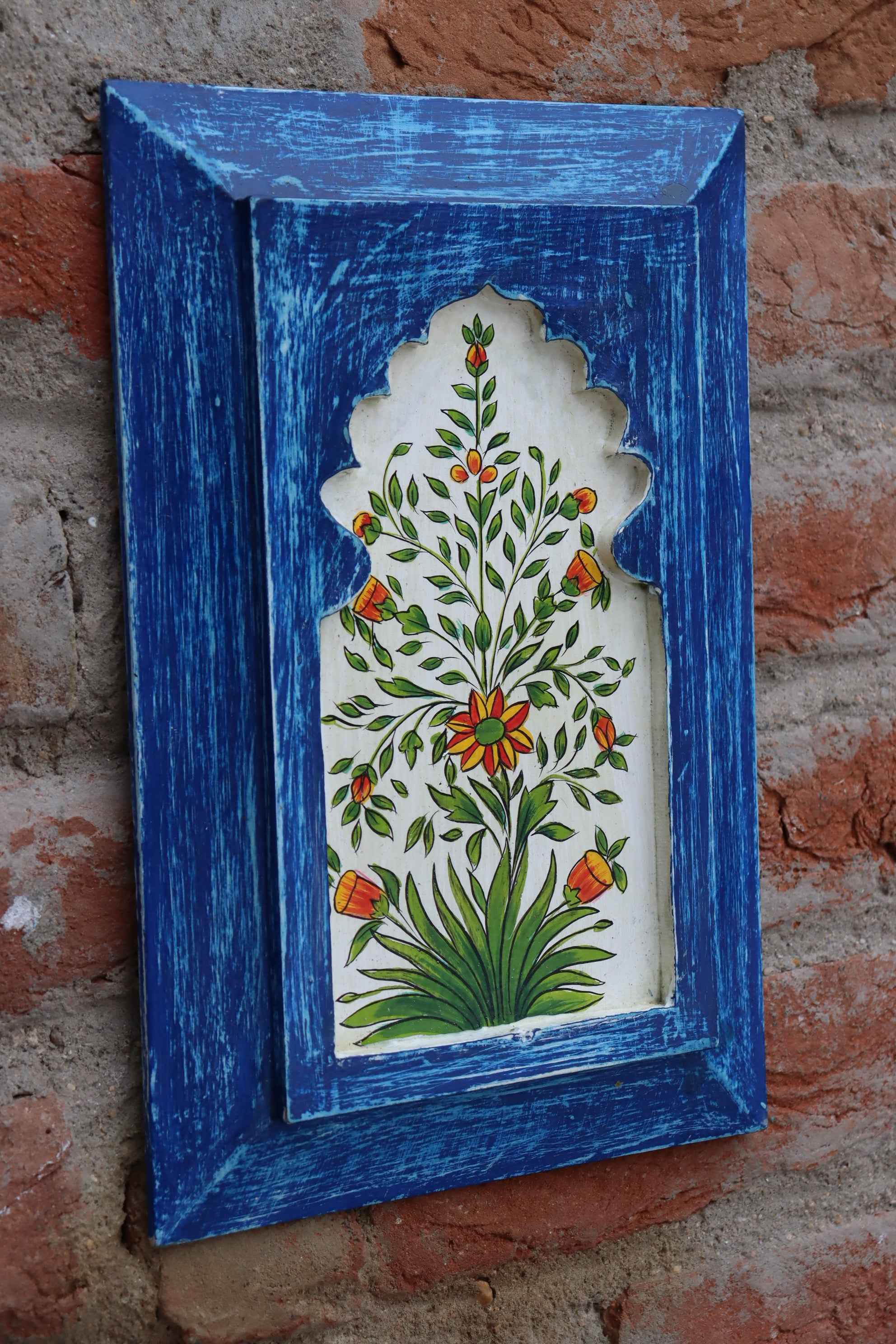 KB ART Handpainted Wooden Jharokha Wall Panel –  Dark Blue Floral Mughal Arch Decor | Antique Look Wall Hanging