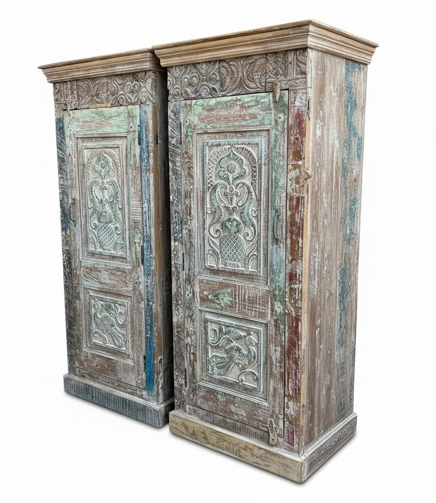 Arched Door Antique Almirah - close-up detail of hand-carved solid wood finish and joinery, KBART SKU KBART-1012