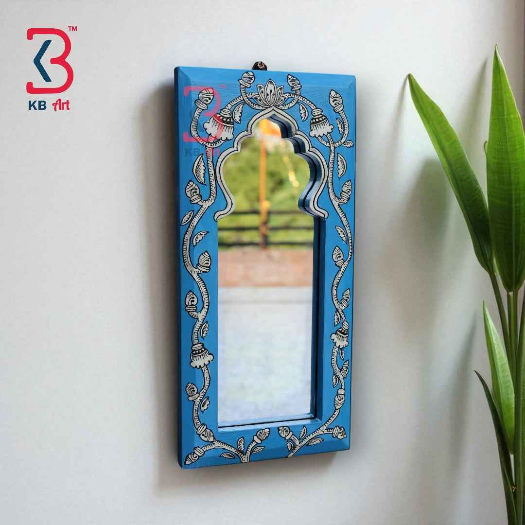 KB ART Handpainted Wooden Wall Mirror – Jodhpuri Blue Pattachitra Arch Frame |  Boho Jharokha Mirror | Traditional Indian Home Decor