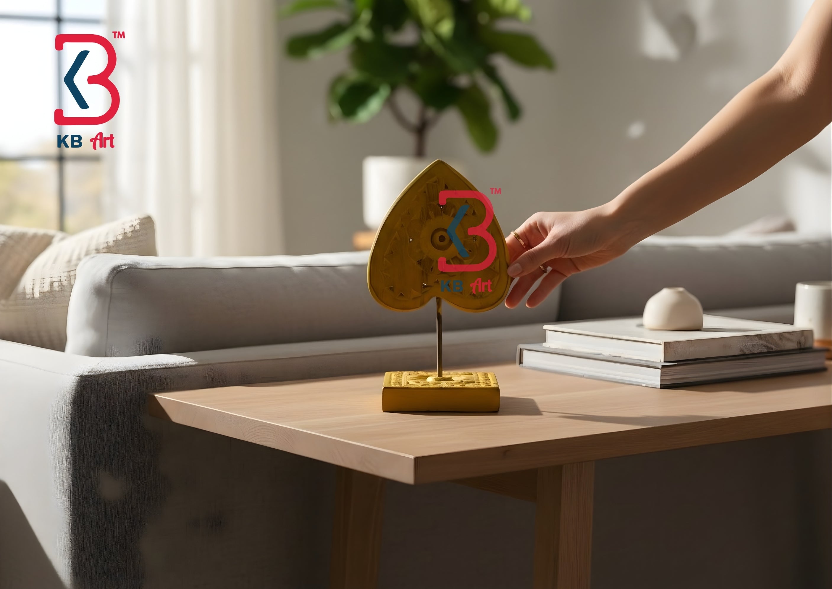 KB ART Yellow Triangle Heart Carved Table Decor - Styled Display in Home Interior Setting - Handcrafted Wooden Decor Jodhpur