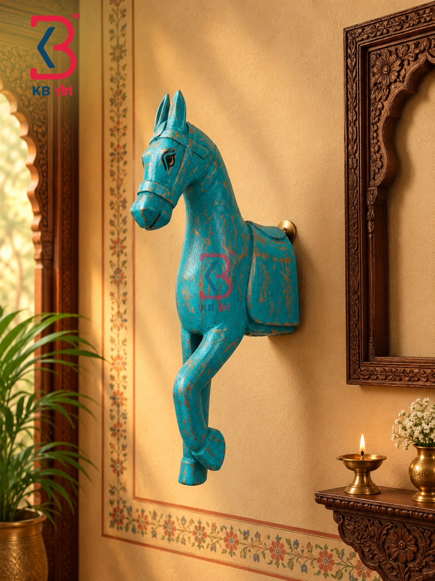 Colourful seven running horses decorative wall art for traditional Indian home interiors.