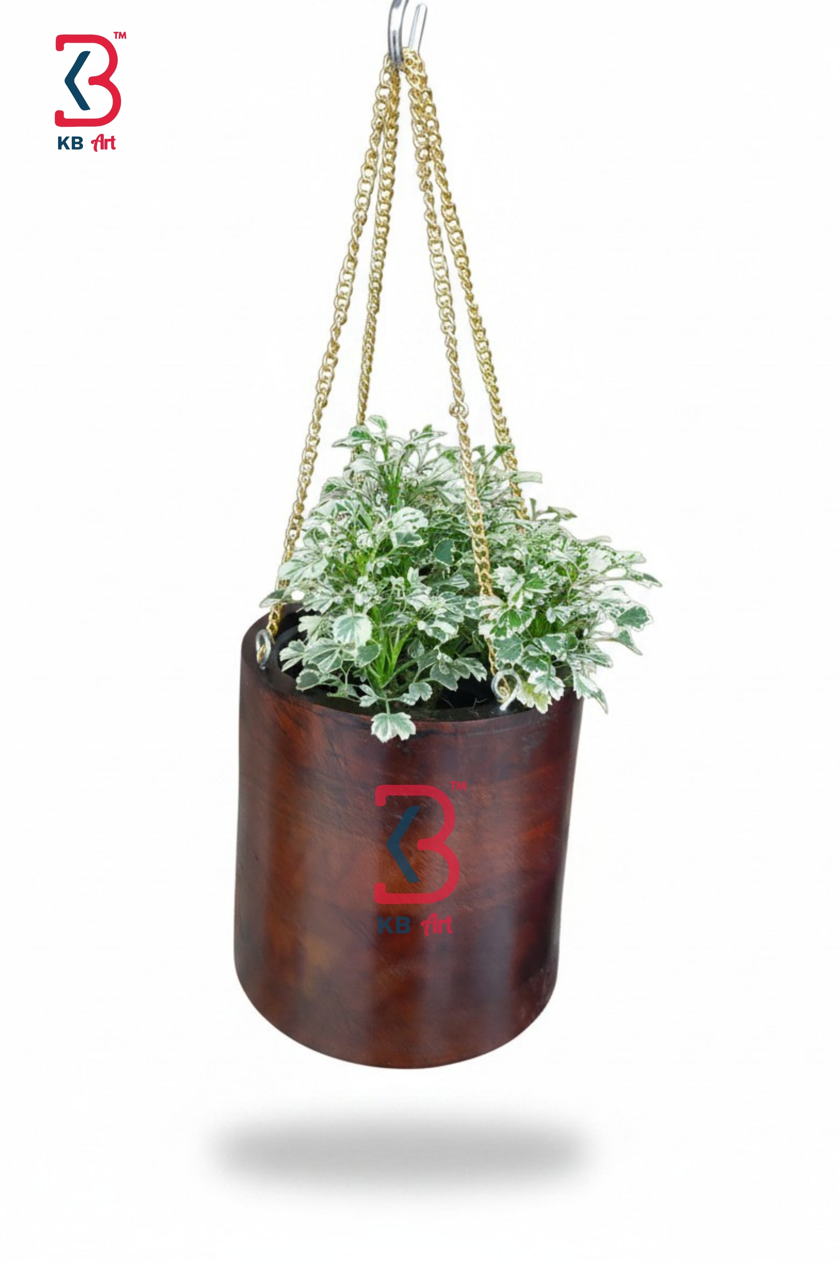 KB ART Hanging Cylindrical Wooden Planter - Front View of Handcrafted Detailing - Handcrafted Wooden Decor Jodhpur