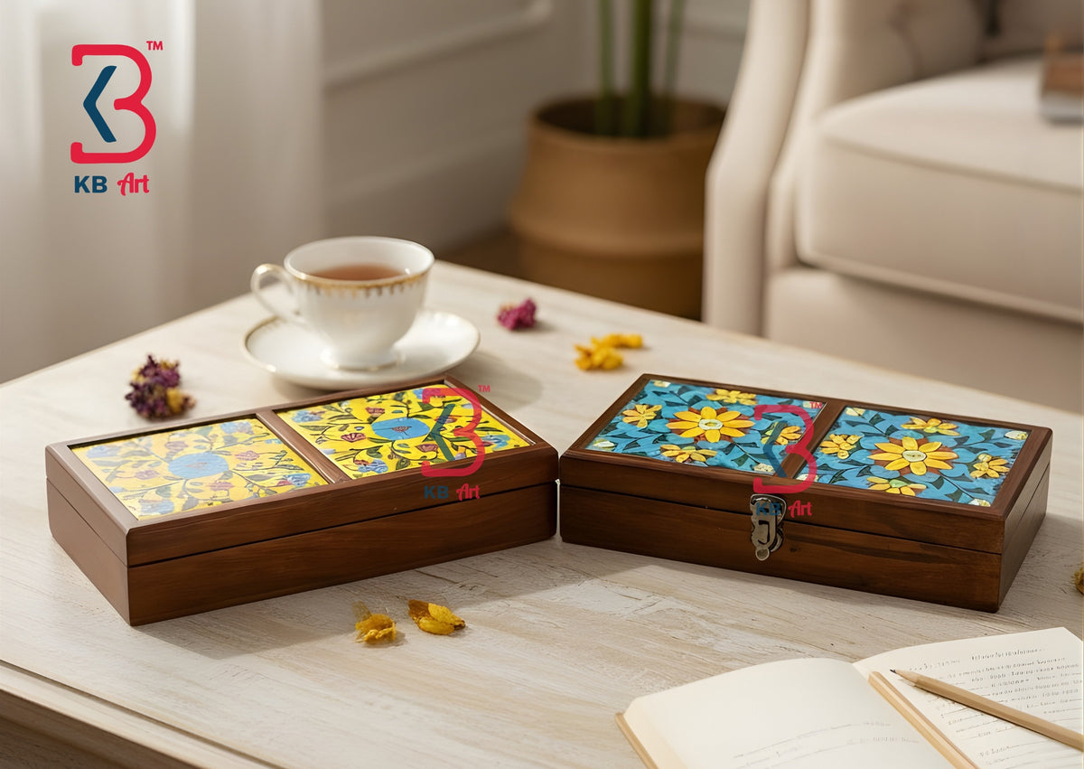 KB ART Handcrafted Wooden Tile Box with Hand-Painted Ceramic Detailing – Jodhpur Decorative Storage Piece