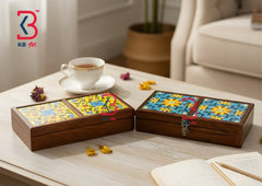 KB ART Handcrafted Wooden Tile Box with Hand-Painted Ceramic Detailing – Jodhpur Decorative Storage Piece