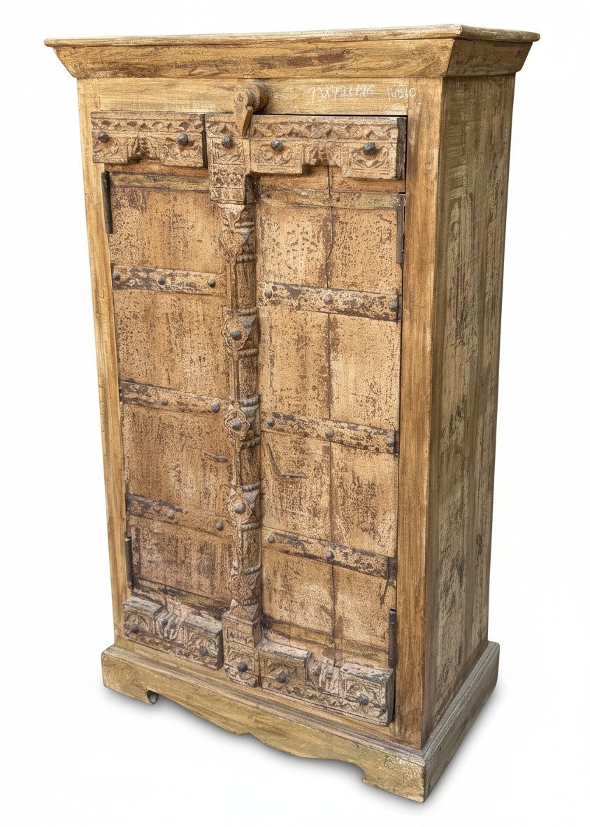 Rustic Knotted Wood Almirah - close-up detail of hand-carved solid wood finish and joinery, KBART SKU KBART-1076