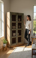 Distressed Teal Floral Carved Armoire - genuine handcrafted solid wood india antique furniture, KBART SKU KBART-1031, front view