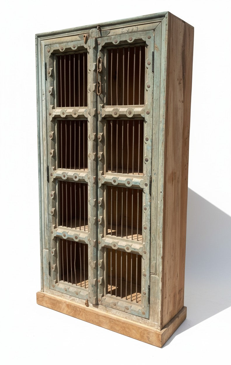 Distressed Teal Floral Carved Armoire - close-up detail of hand-carved solid wood finish and joinery, KBART SKU KBART-1031