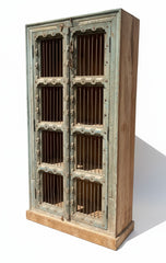 Distressed Teal Floral Carved Armoire - close-up detail of hand-carved solid wood finish and joinery, KBART SKU KBART-1031