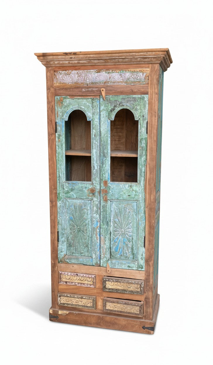Antique Jodhpur Blue Distressed Wardrobe - close-up detail of hand-carved solid wood finish and joinery, KBART SKU KBART-1006