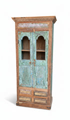 Antique Jodhpur Blue Distressed Wardrobe - close-up detail of hand-carved solid wood finish and joinery, KBART SKU KBART-1006