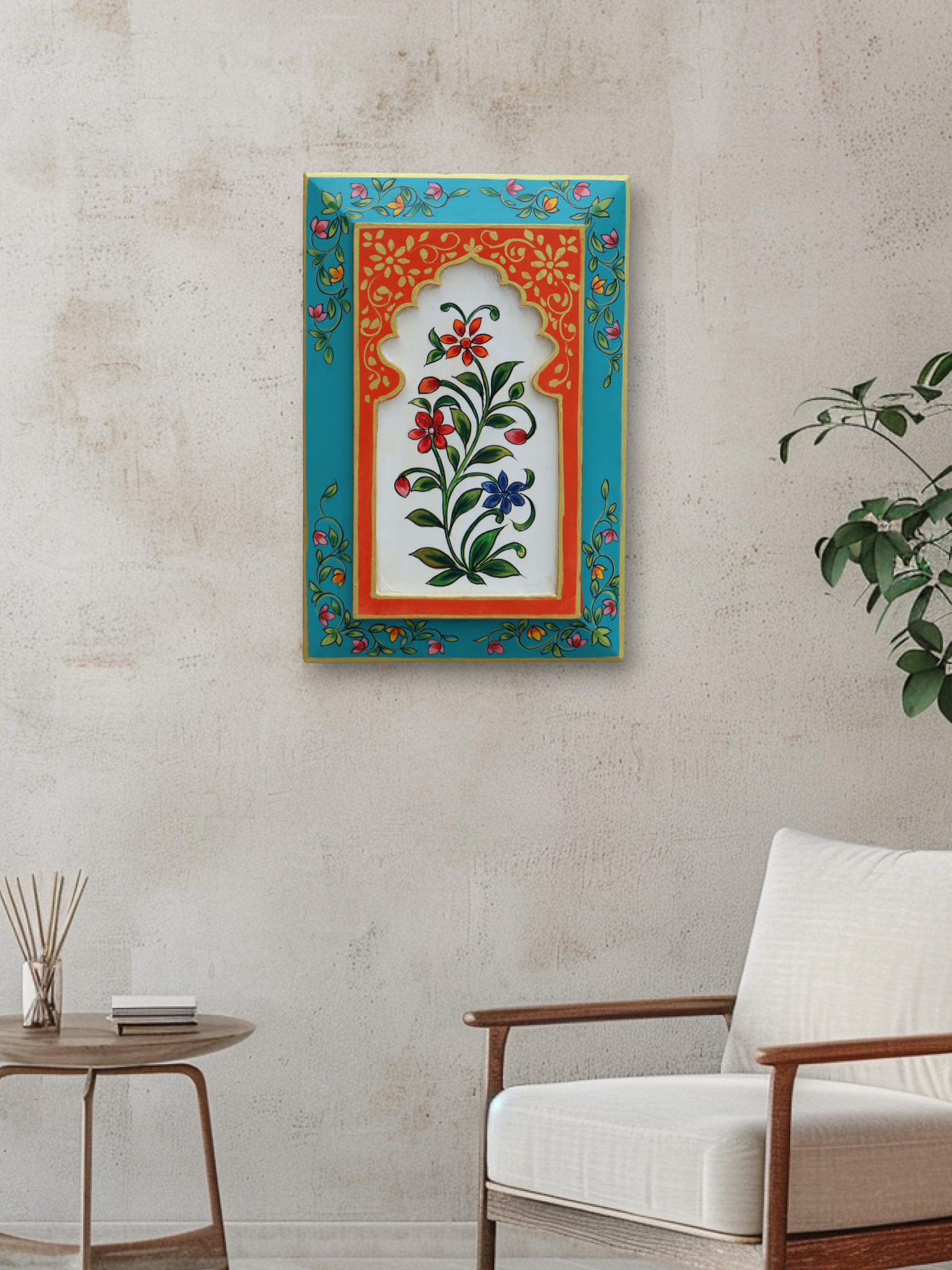 KB ART Handpainted Wooden Jharokha Wall Panel –  Turquoise & Orange Floral Mughal Arch Decor | Antique Ethnic Wall Hanging