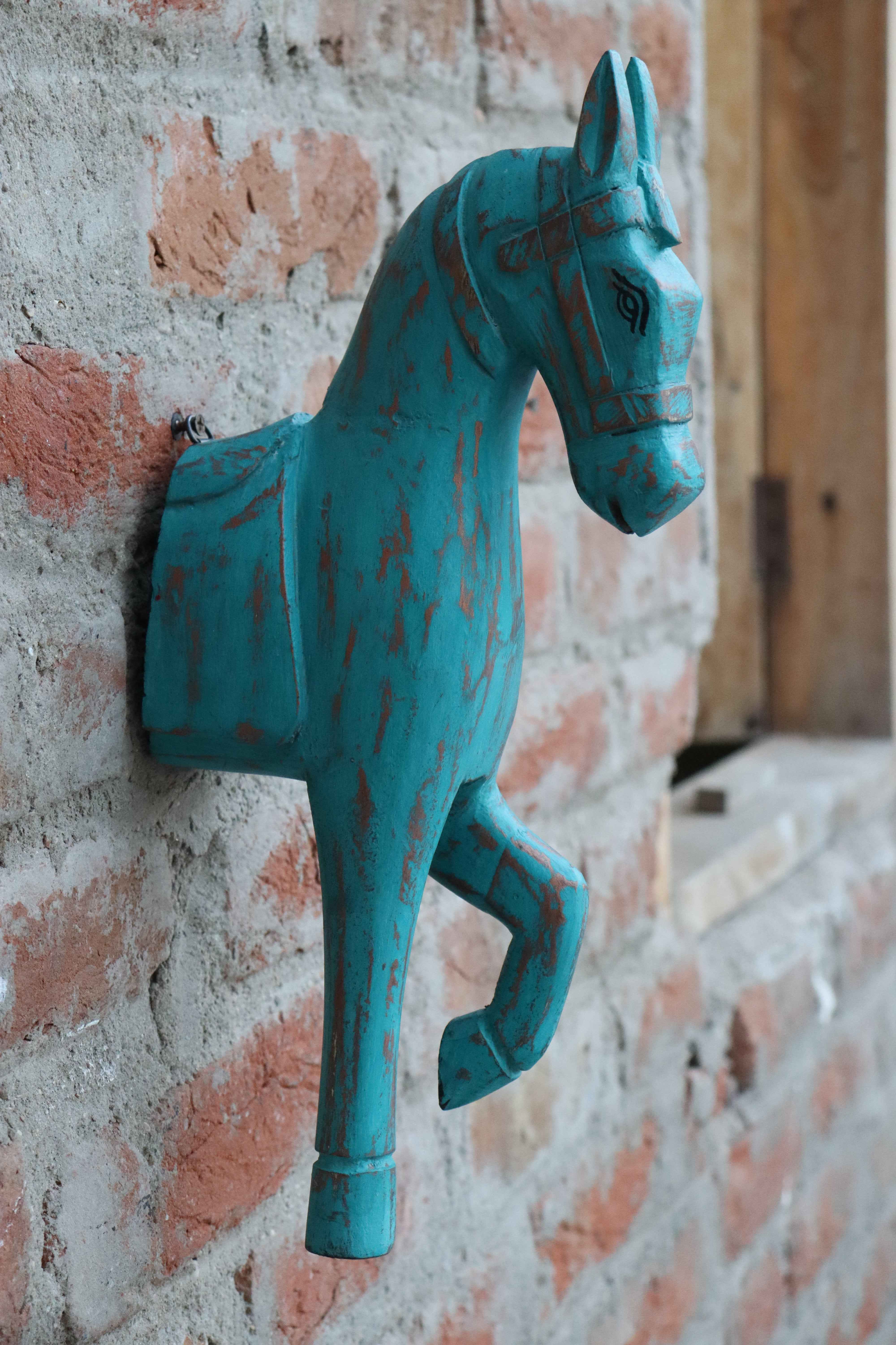 KB ART Turquoise Blue Horse Wall Decor - 16-Inch Distressed Wooden Wall Hanging with Golden Touch | Handcrafted Vintage-Style Rustic Indian Home Decor