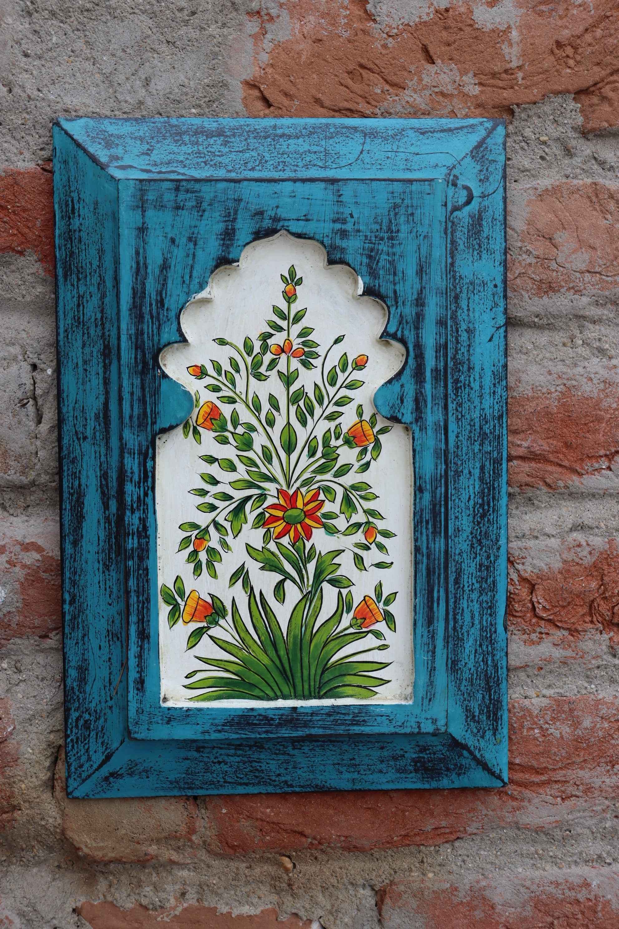 KB ART Handpainted Wooden Jharokha Wall Panel –  Turquoise Floral Mughal Arch Decor | Antique Look Wall Hanging