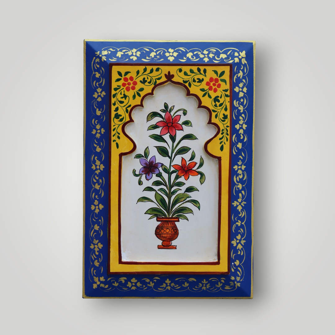 KB ART Handpainted Wooden Wall Jharokha Panel Arch Décor –  Dark Blue & Yellow Floral Mughal Painting | Antique Look Home & Interior Decor
