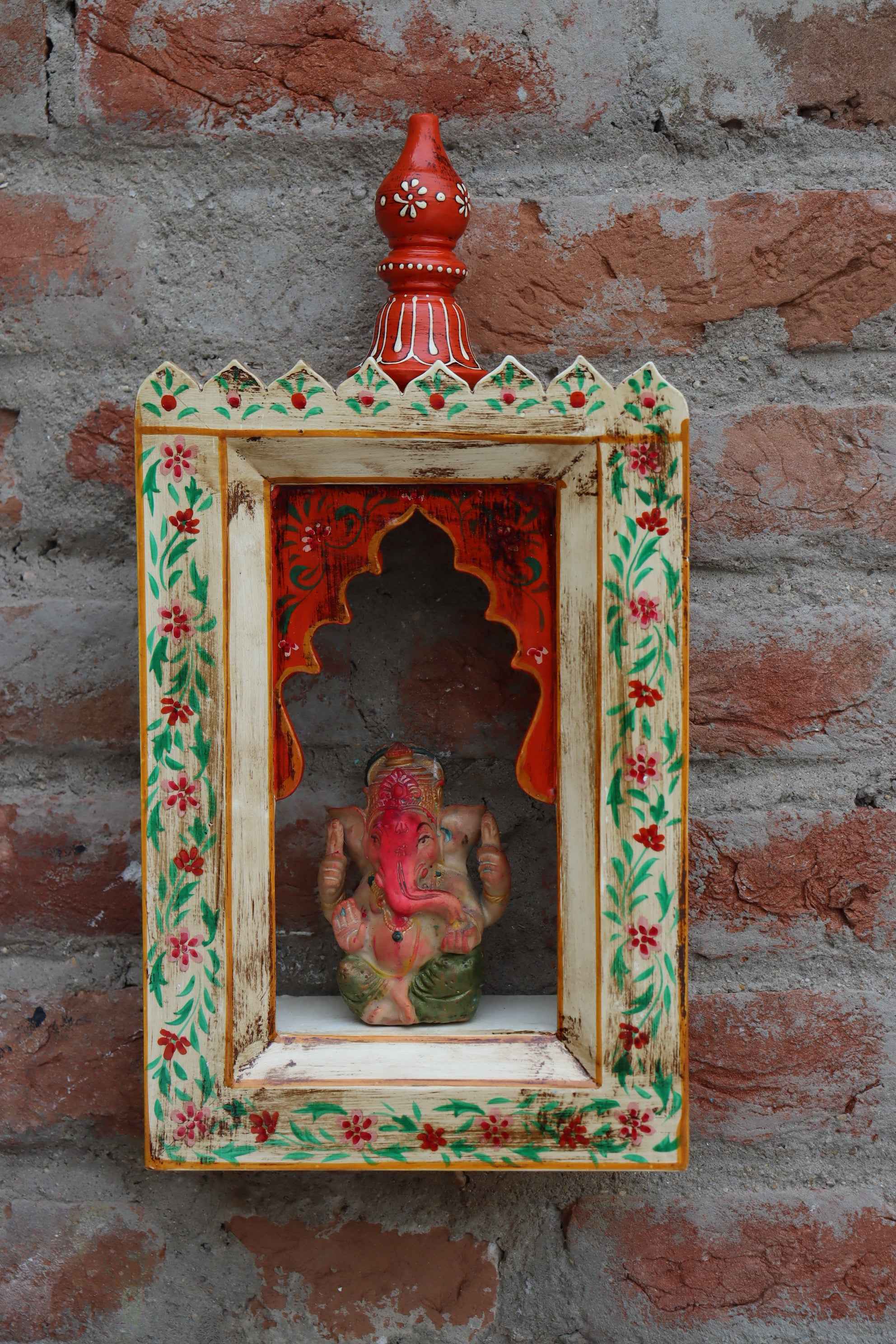 KB ART Handpainted Wooden Temple Wall Decor –  White colour handpainted motifs Work Antique Look Handcarved Wall Hanging Mandir