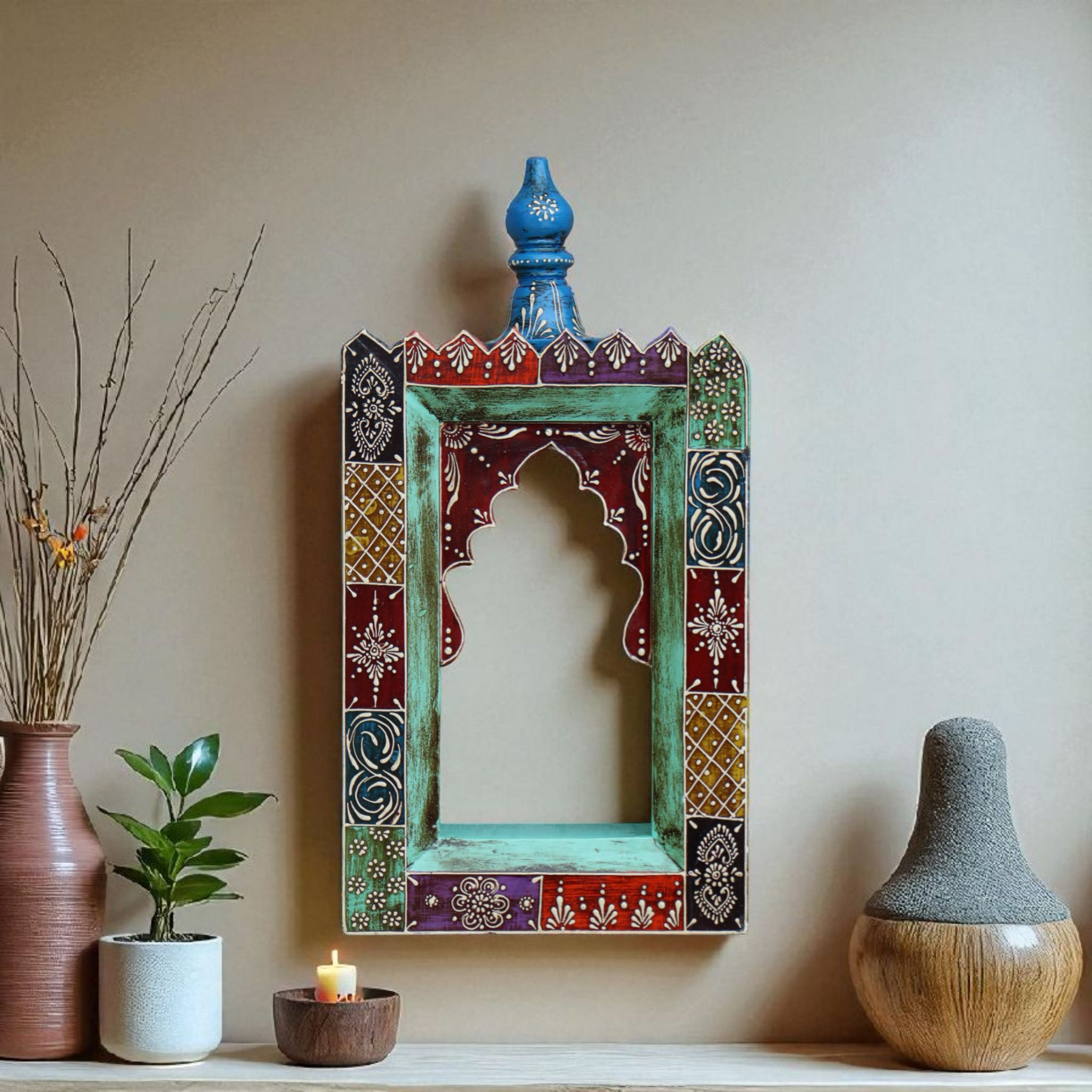 KB ART Handpainted Wooden Temple Wall Decor –  Multicolor Amboz Work Antique Look Handcarved Wall Hanging Mandir