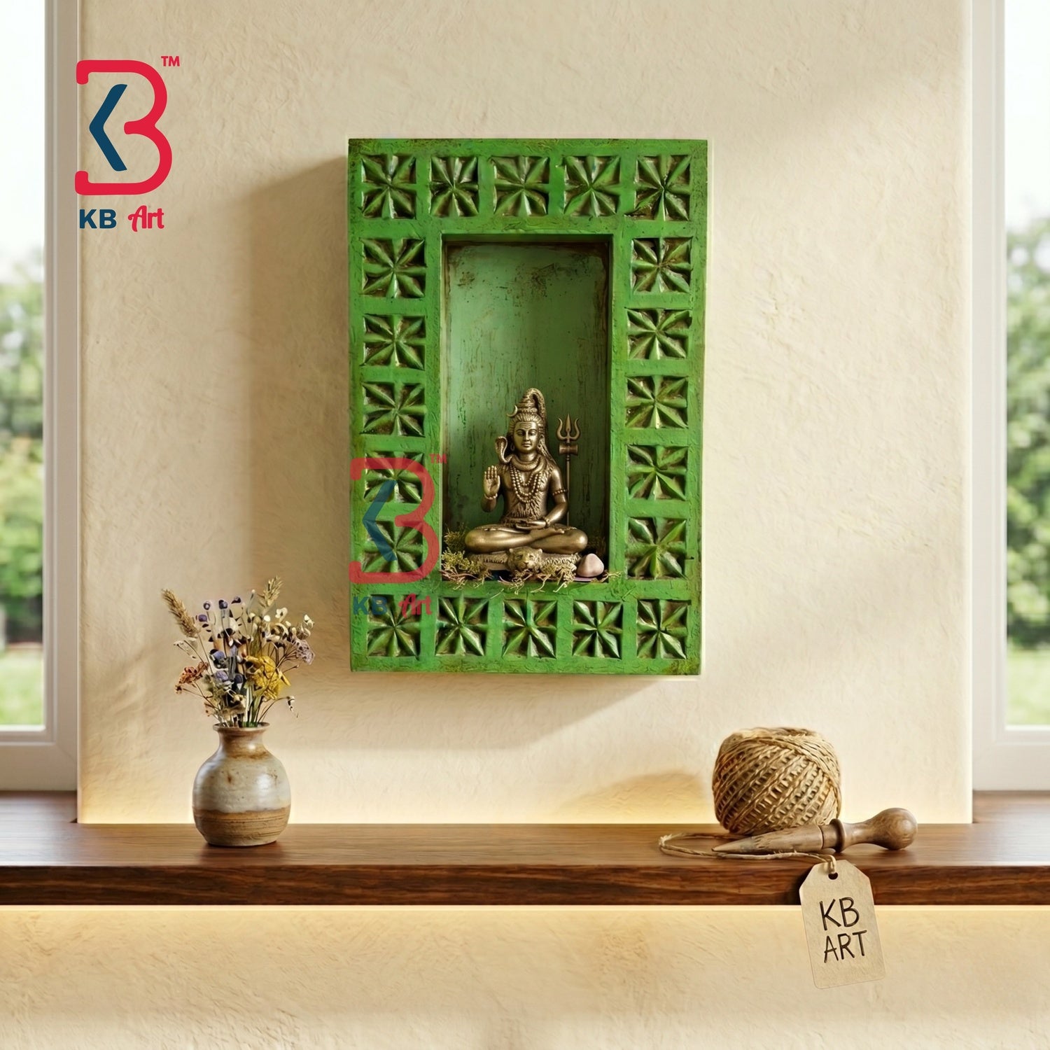 KB ART Wooden Green Frame Wall Shelf - Close-Up of Hand-Carved Artisan Texture - Handcrafted Wooden Decor Jodhpur
