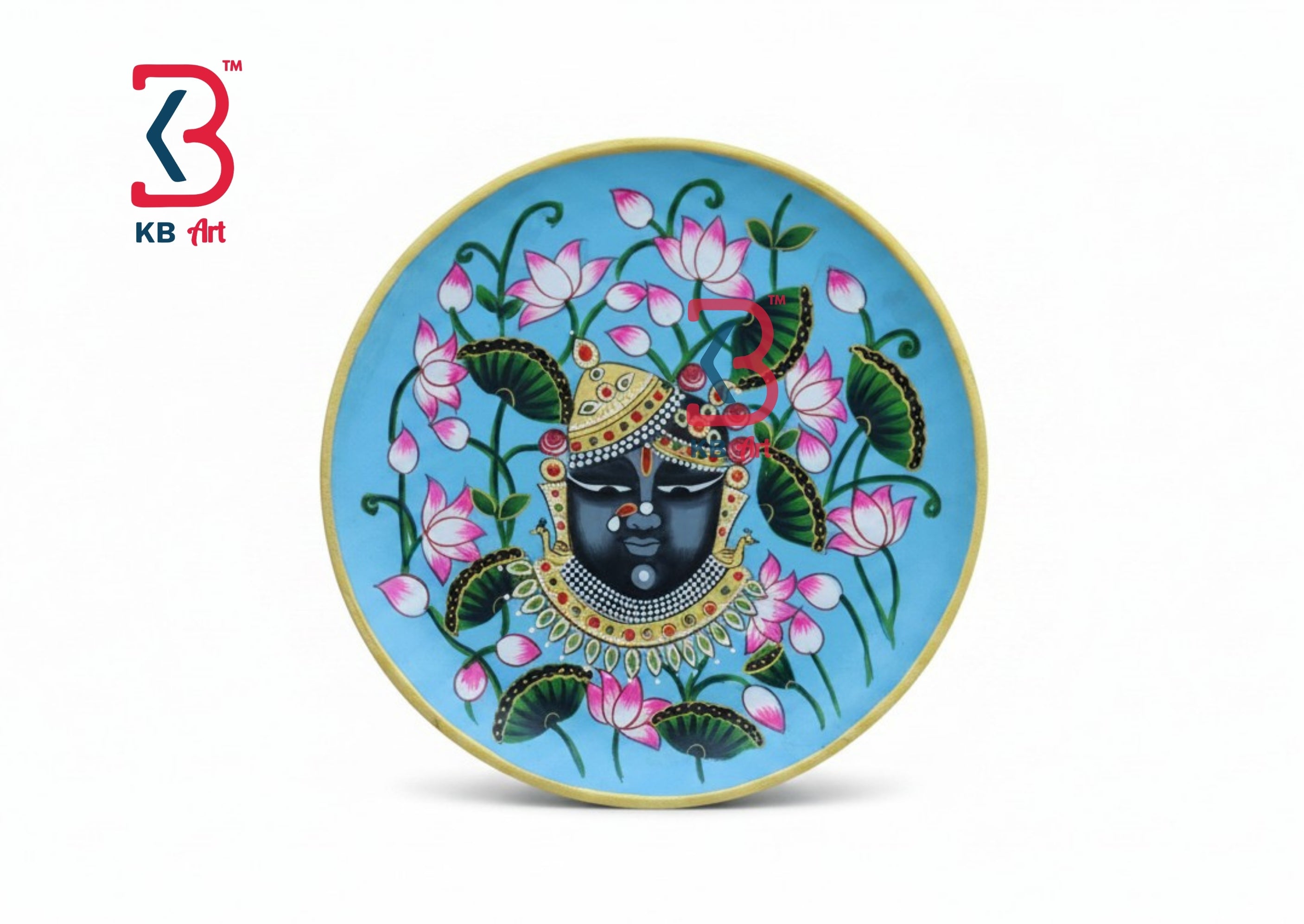 KB ART Wooden Pichwai Wall Plates Shrinath Ji - Front View of Handcrafted Detailing - Handcrafted Wooden Decor Jodhpur