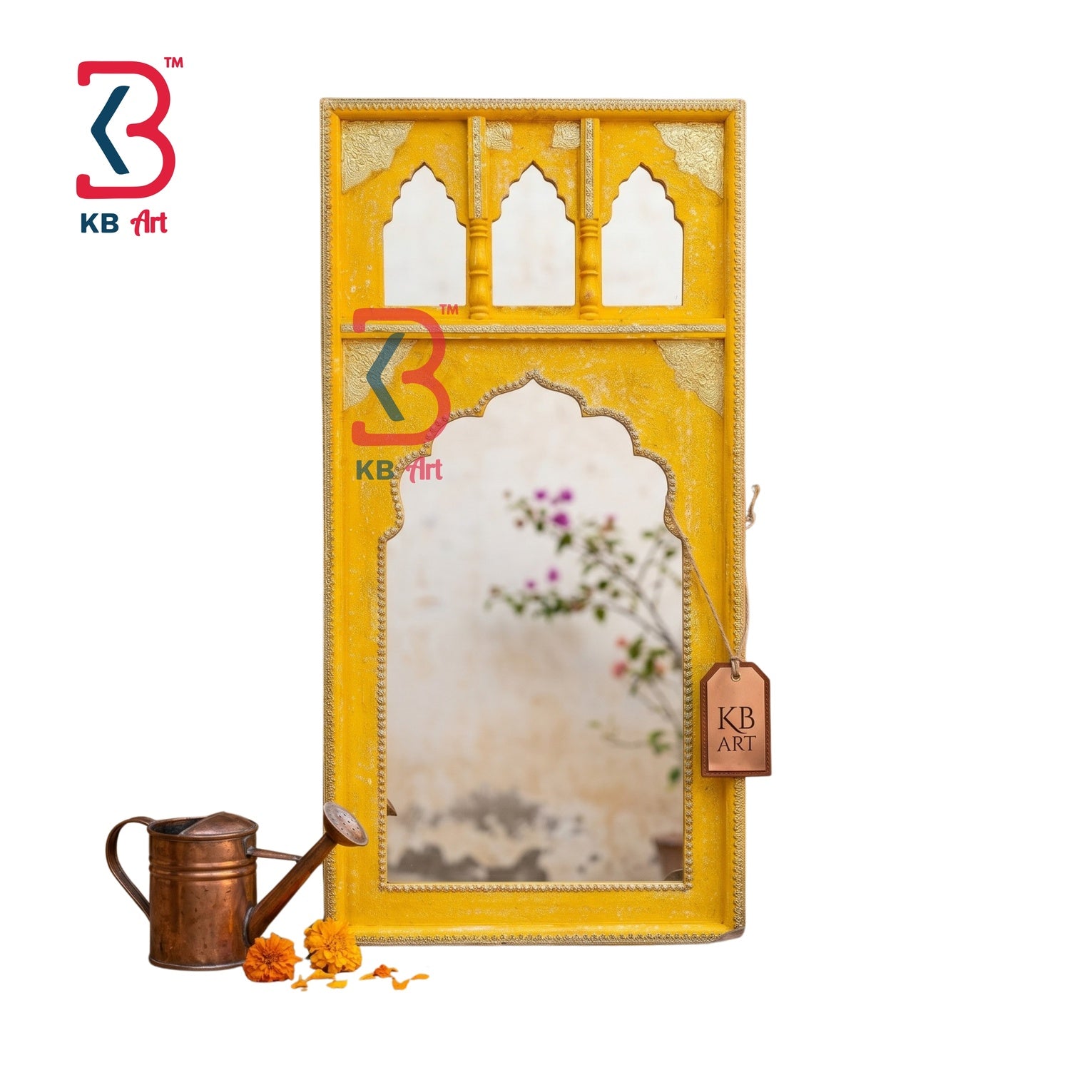 KB ART Yellow Wooden Jharokha Wall Mirror Brass - Styled Display in Home Interior Setting - Handcrafted Wooden Decor Jodhpur