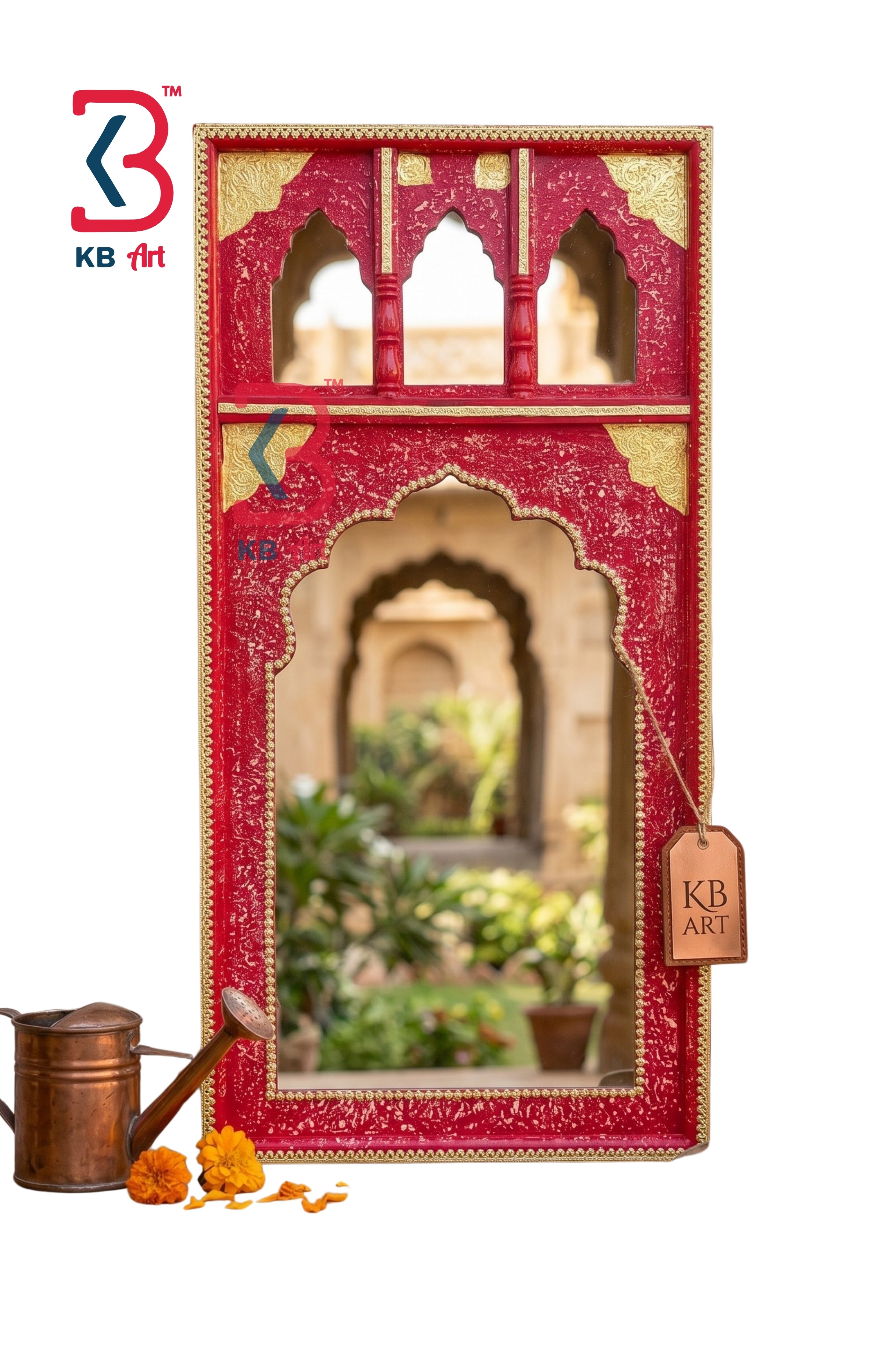 KB ART Red Wooden Jharokha Wall Mirror Brass - Close-Up of Hand-Carved Artisan Texture - Handcrafted Wooden Decor Jodhpur