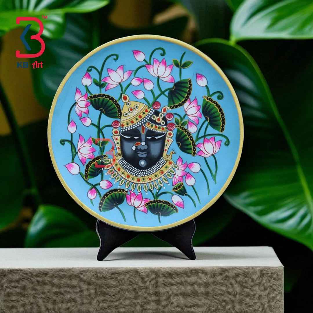 KB ART 12x12 Inch Wooden Handcarved Pichwai Shrinathji Wall Plate  | Handpainted Blue Pichwai Art | Traditional Indian Wall Decor