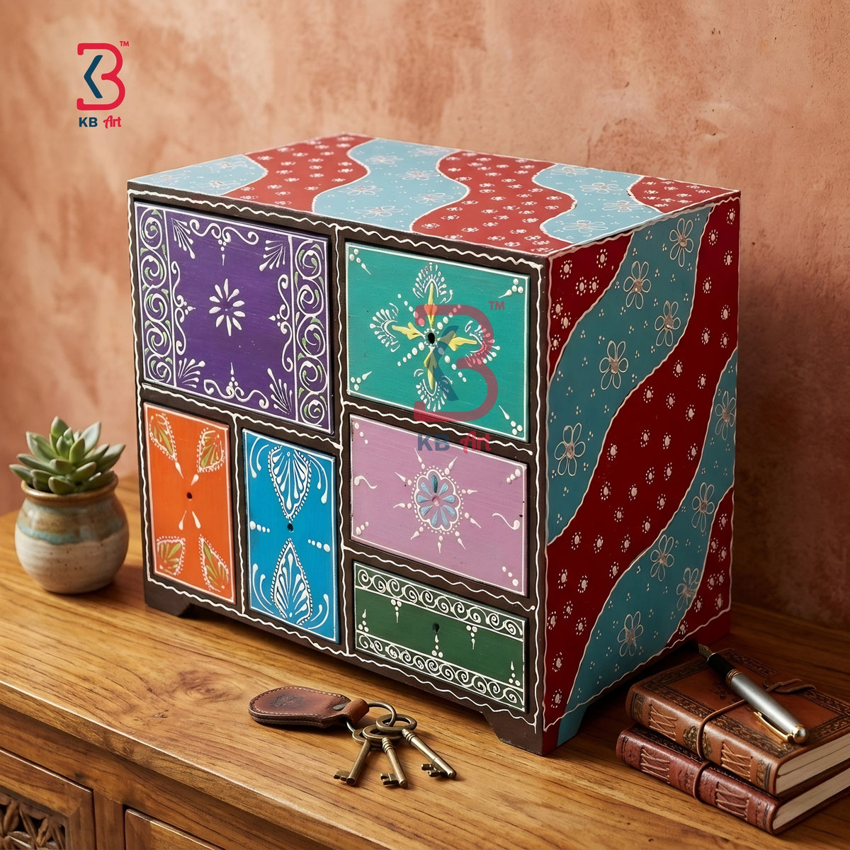 KB ART Artistic 6 Drawer Cabinet - Front View of Handcrafted Detailing - Handcrafted Wooden Decor Jodhpur