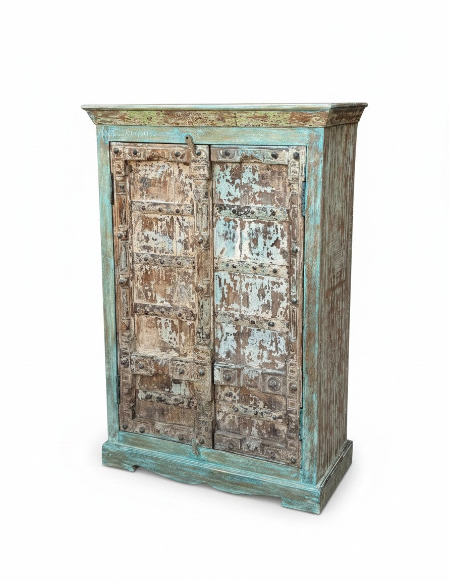 Distressed Wood Antique Almirah - close-up detail of hand-carved solid wood finish and joinery, KBART SKU KBART-1033