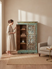 Distressed Wood Antique Almirah - genuine handcrafted solid wood india antique furniture, KBART SKU KBART-1033, front view