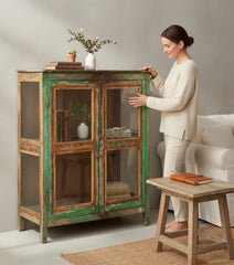 Distressed Mint Green Antique Almirah - genuine handcrafted solid wood india antique furniture, KBART SKU KBART-1029, front view