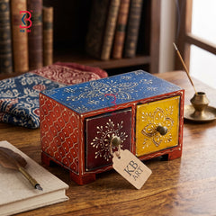 KB ART Hand Painted Wooden 2 Drawer Jewelry Box - Front View of Handcrafted Detailing - Handcrafted Wooden Decor Jodhpur
