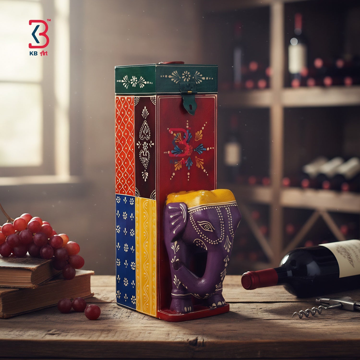KB ART Wooden Elephant Wine Box - Styled Display in Home Interior Setting - Handcrafted Wooden Decor Jodhpur