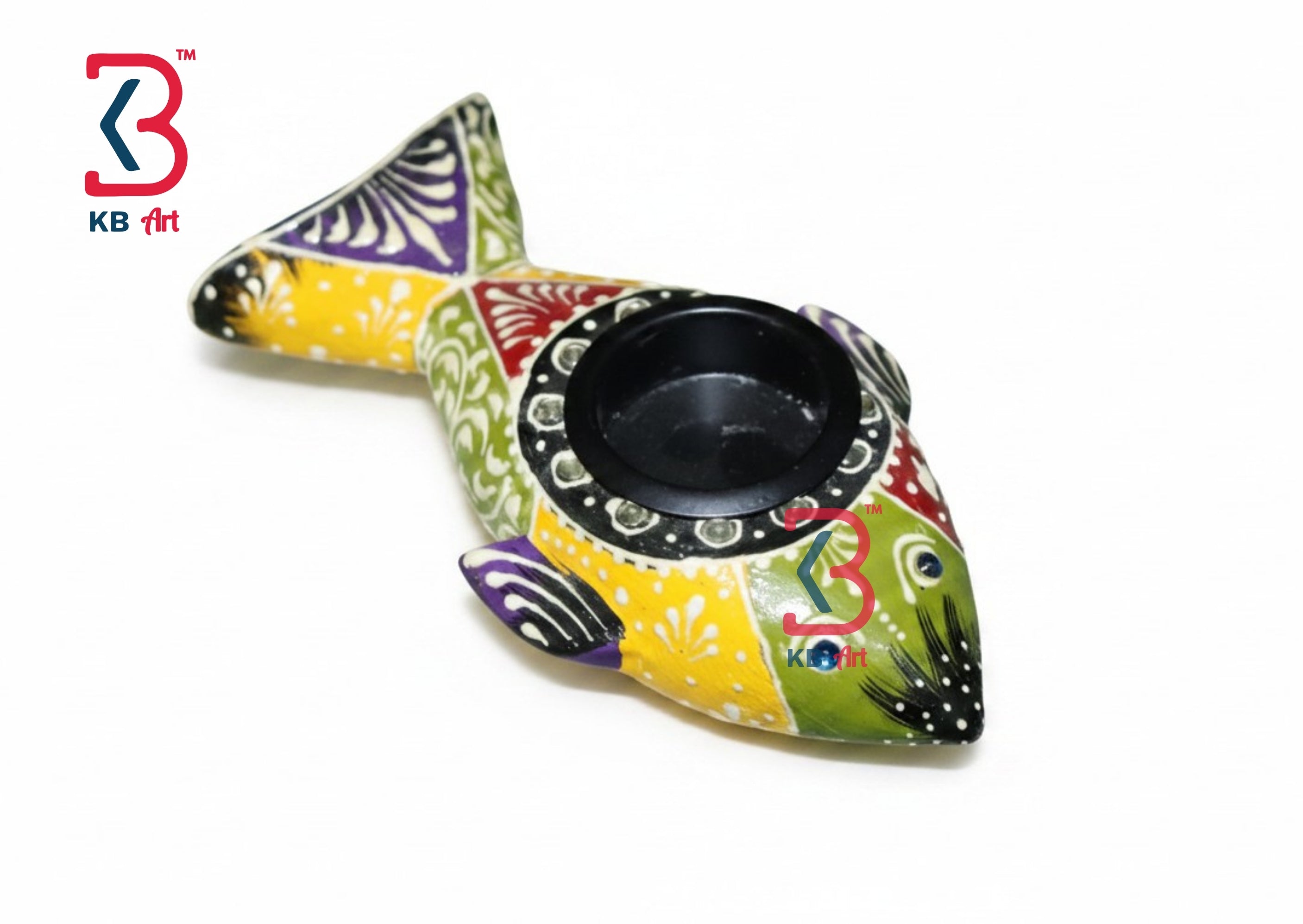 KB ART Wooden Fish Tlight Holder - Front View of Handcrafted Detailing - Handcrafted Wooden Decor Jodhpur
