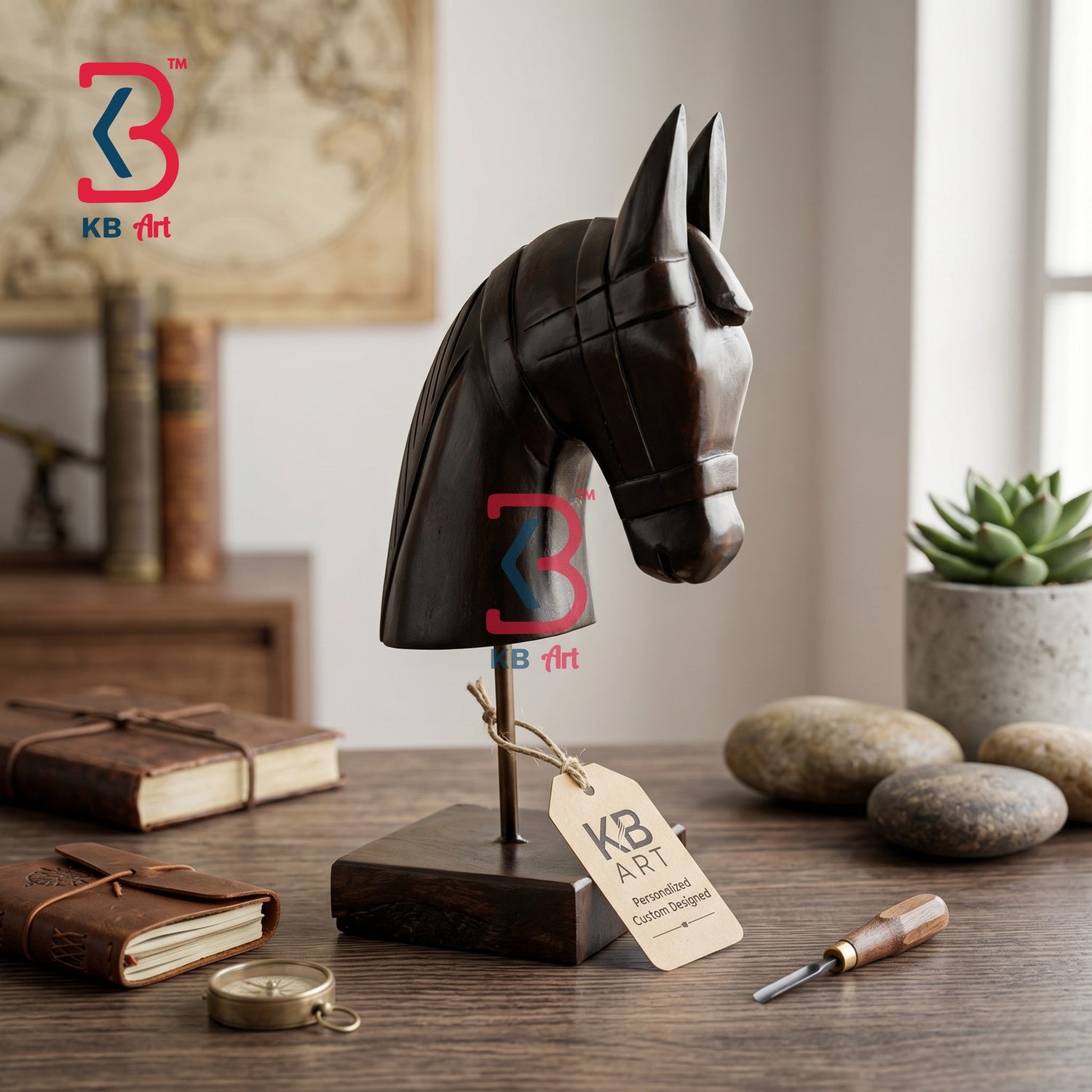 KB ART Dark Espresso Horse Head Wooden Carving - Close-Up of Hand-Carved Artisan Texture - Handcrafted Wooden Decor Jodhpur