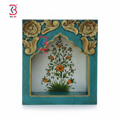 KB ART model KB-402 wooden jharokha mounted elegantly on an entryway wall directly above a rustic console table decorated with traditional pottery.