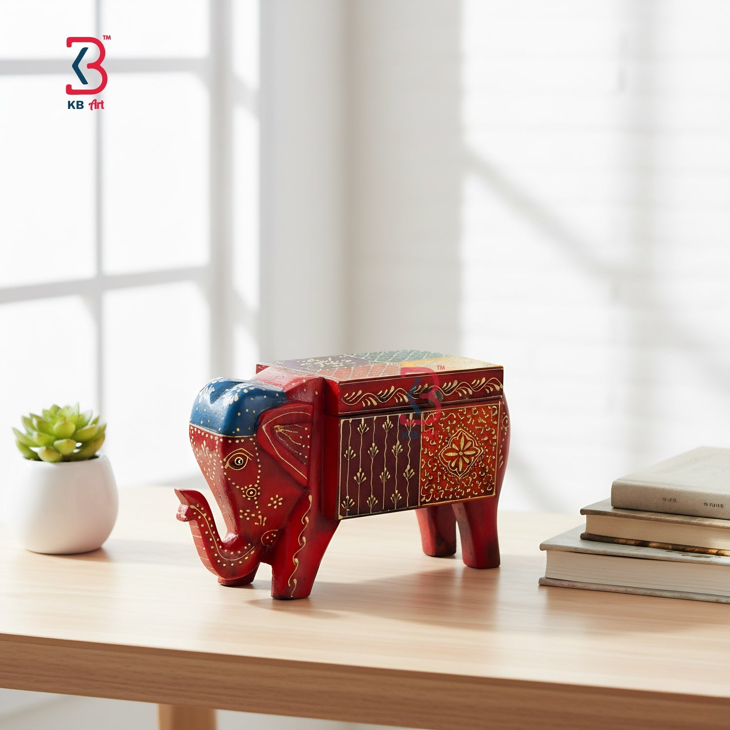 KB ART Wooden Elephant Box - Close-Up of Hand-Carved Artisan Texture - Handcrafted Wooden Decor Jodhpur